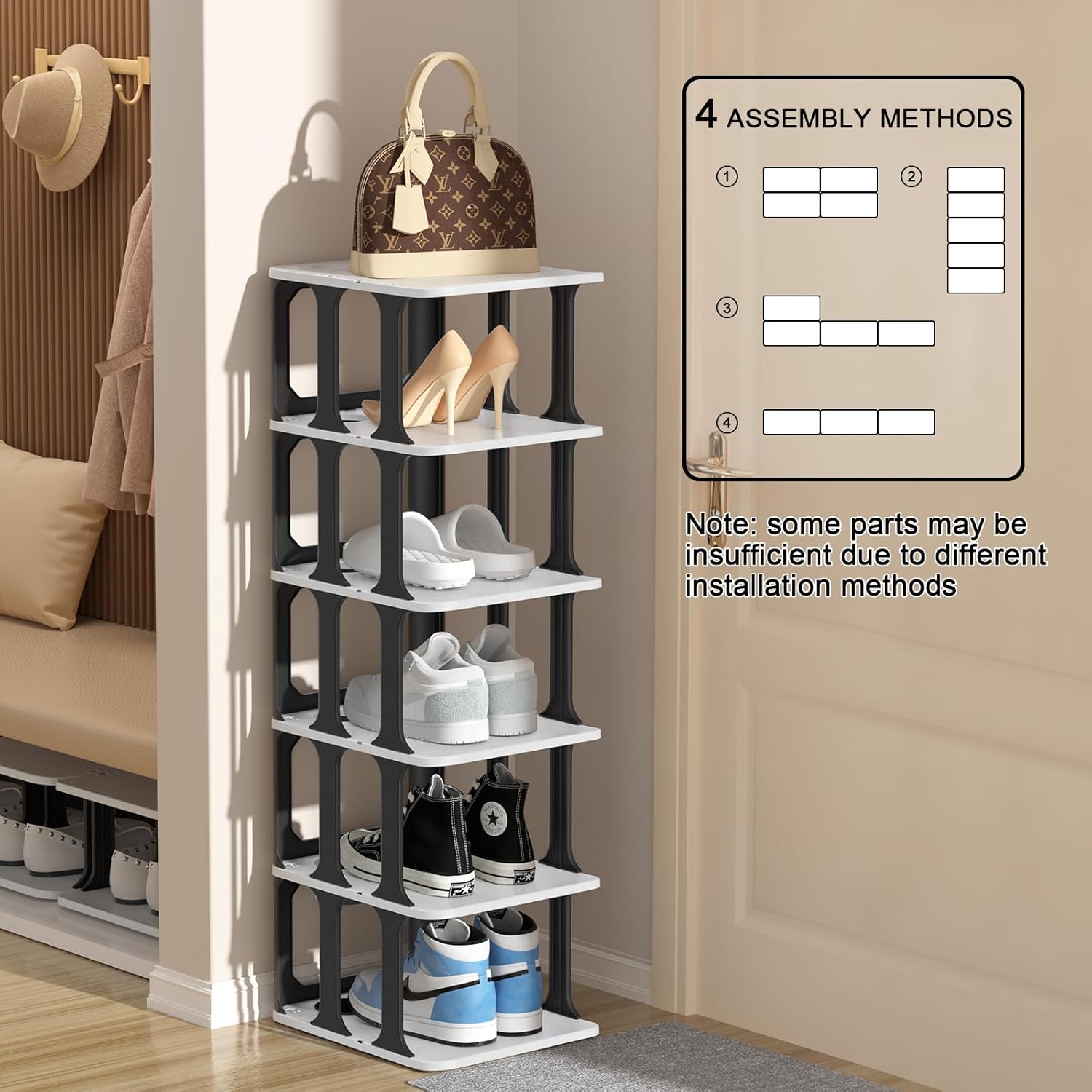 Zapatero estrecho de 6 niveles pequeño organizador para armario, duradero y moderno apilable, organizador de almacenamiento de zapatos para muebles