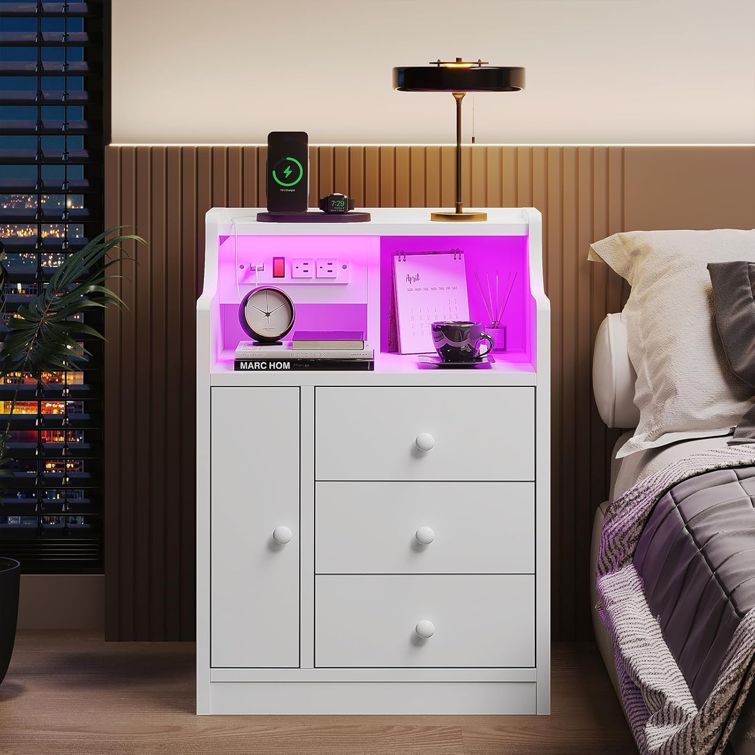 ADORNEVE Juego de 2 mesitas de noche blancas, mesita de noche LED con estación de carga, mesita de noche con cajones, mesa auxiliar moderna de