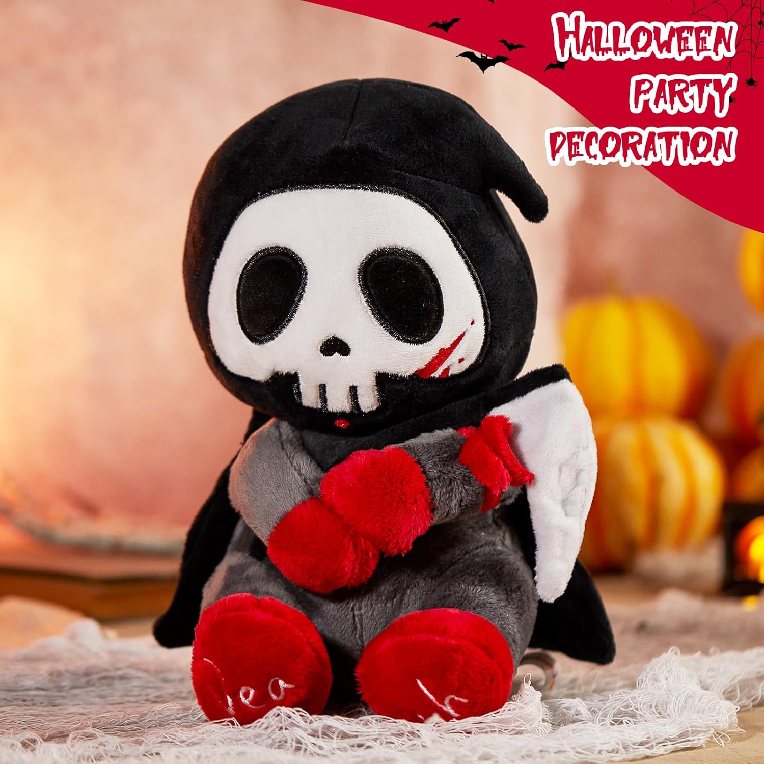 Otto Reaper – Juguete de peluche de 10 pulgadas, calavera de Halloween con capa negra y guadaña desmontable, divertida muñeca de Halloween, calavera