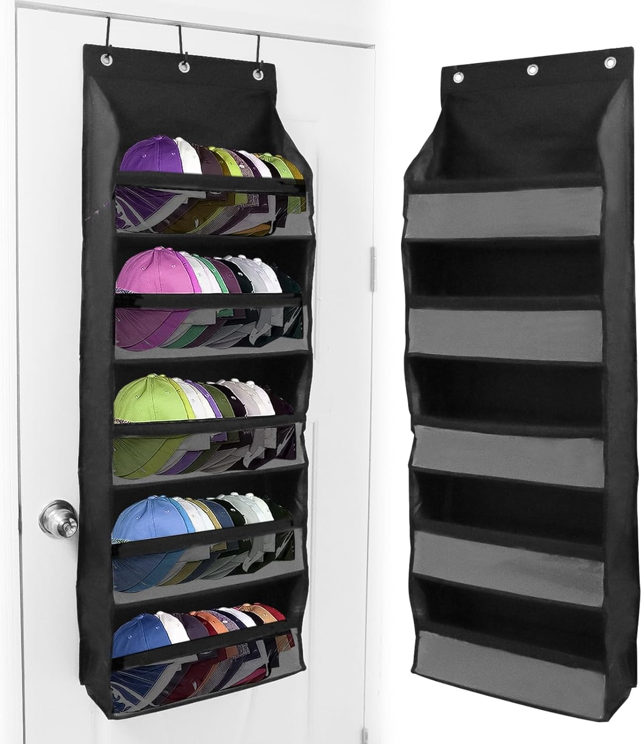 Percheros para sombreros de puerta para gorras de béisbol, organizador de sombreros con bolsillos profundos para armario o pared para 72 sombreros,