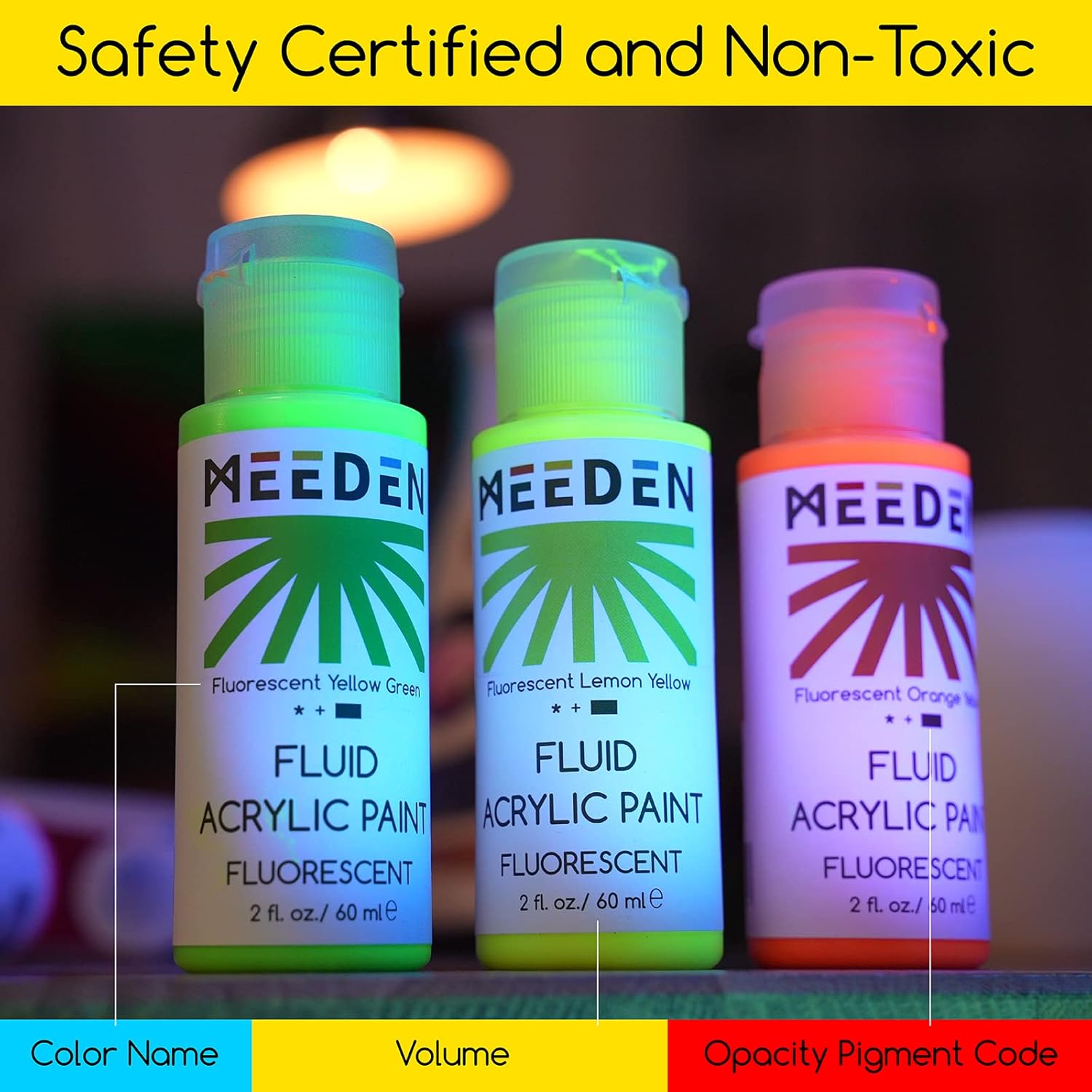 MEEDEN Juego de pintura acrílica fluorescente, 6 colores de alto flujo (2 onzas, 2.0 fl oz), acrílico líquido neón, pinturas que brillan en la