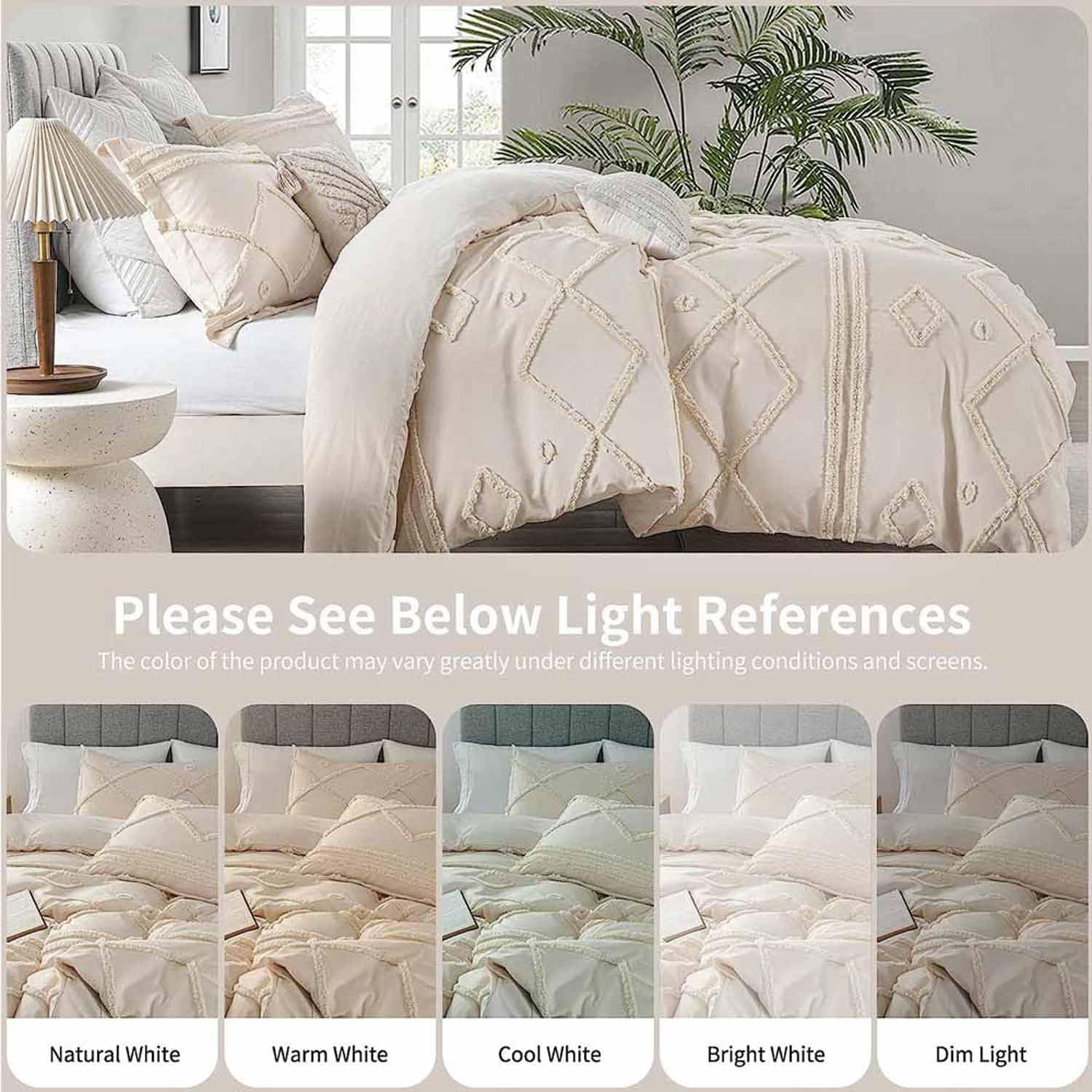Juego de edredón beige tamaño matrimonial, juego de ropa de cama reversible con textura jacquard geométrico bohemio con textura de plumón