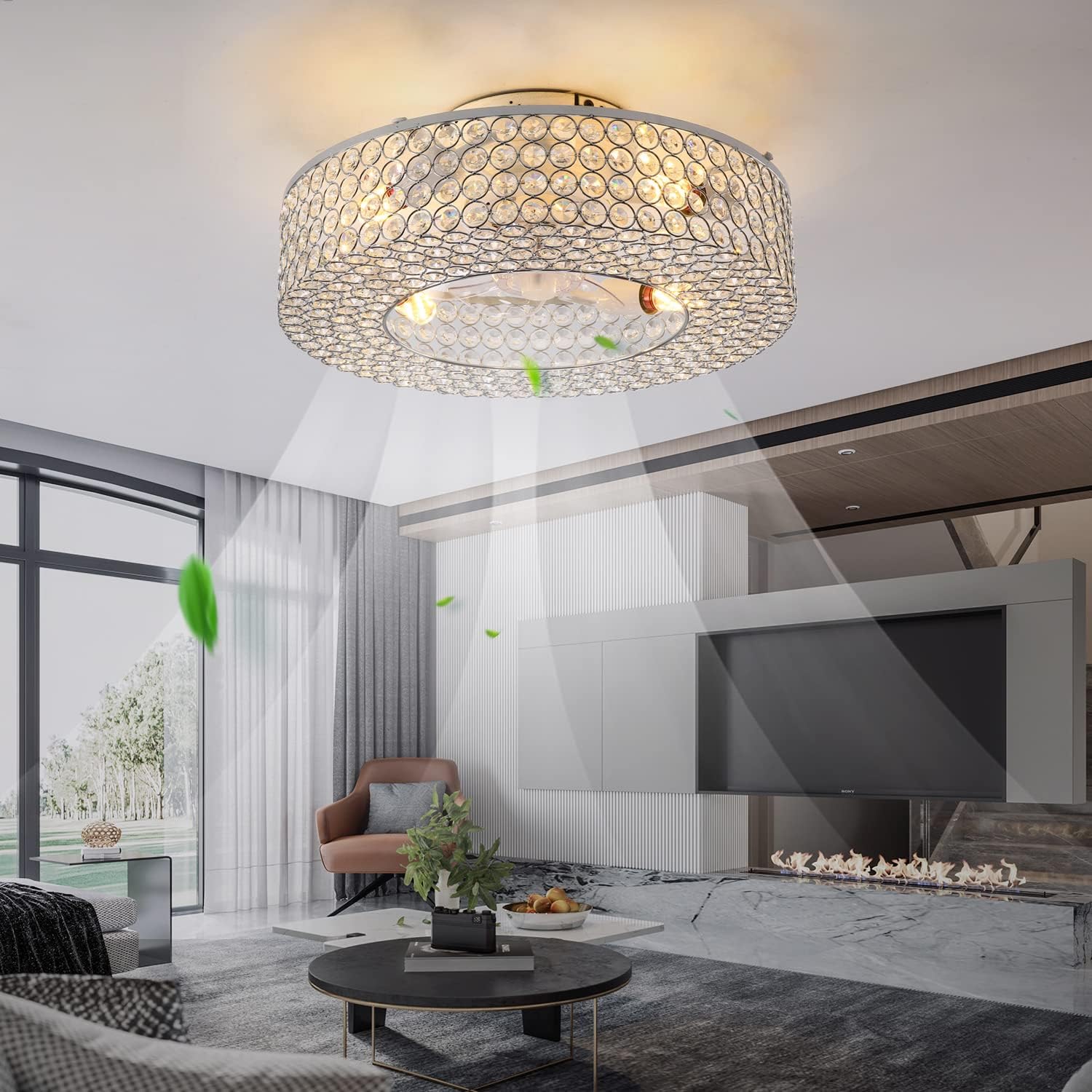 MeZeYo Modernos ventiladores de techo de cristal cerrados de lujo de 19.6 pulgadas con luces enjauladas, iluminación y ventiladores de techo,
