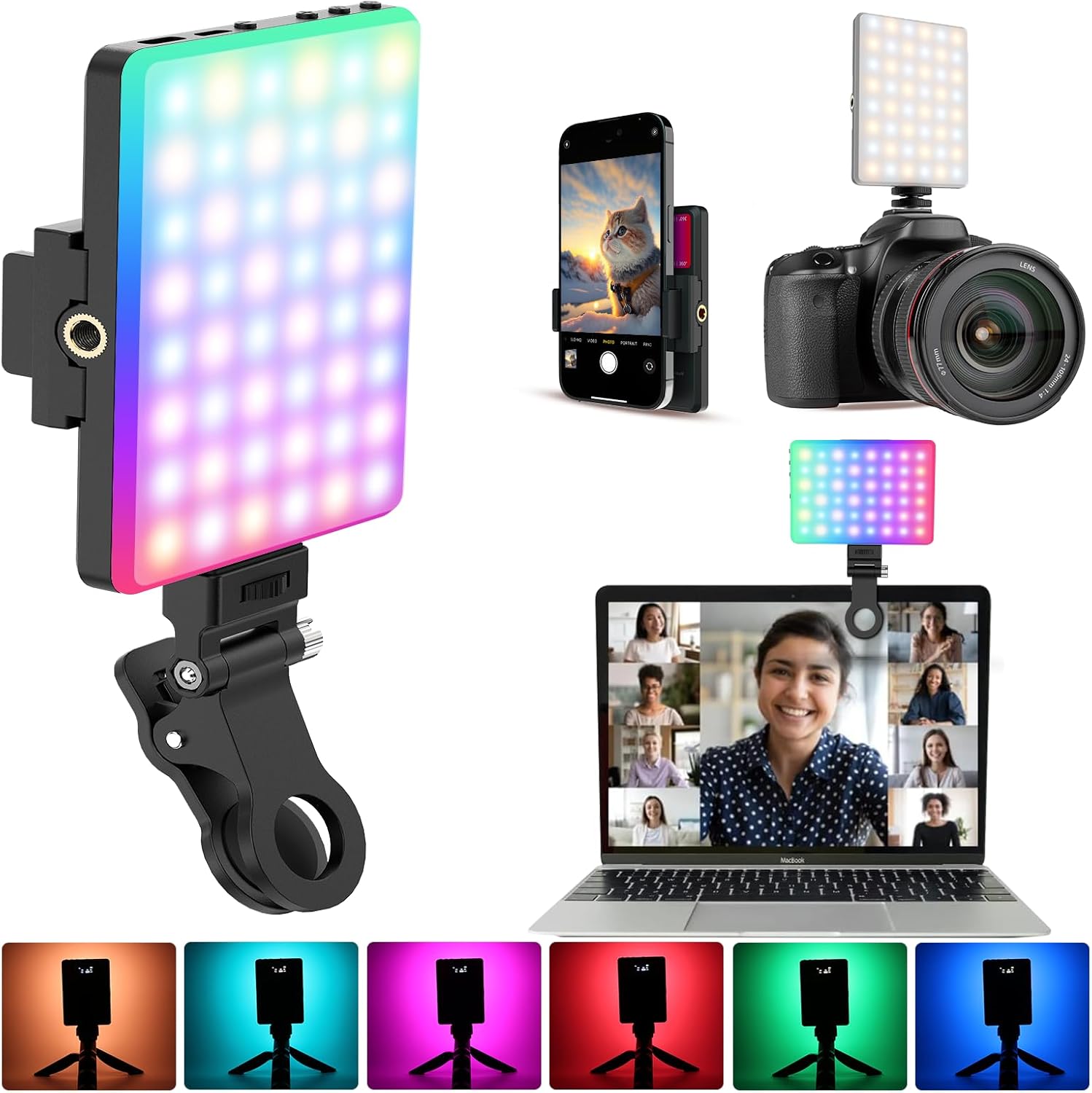 Luz de selfie, luz de teléfono 78 LED, 2000mAh recargable clip video luz con CRI 95+ para teléfono, computadora portátil, tableta y computadora, 3