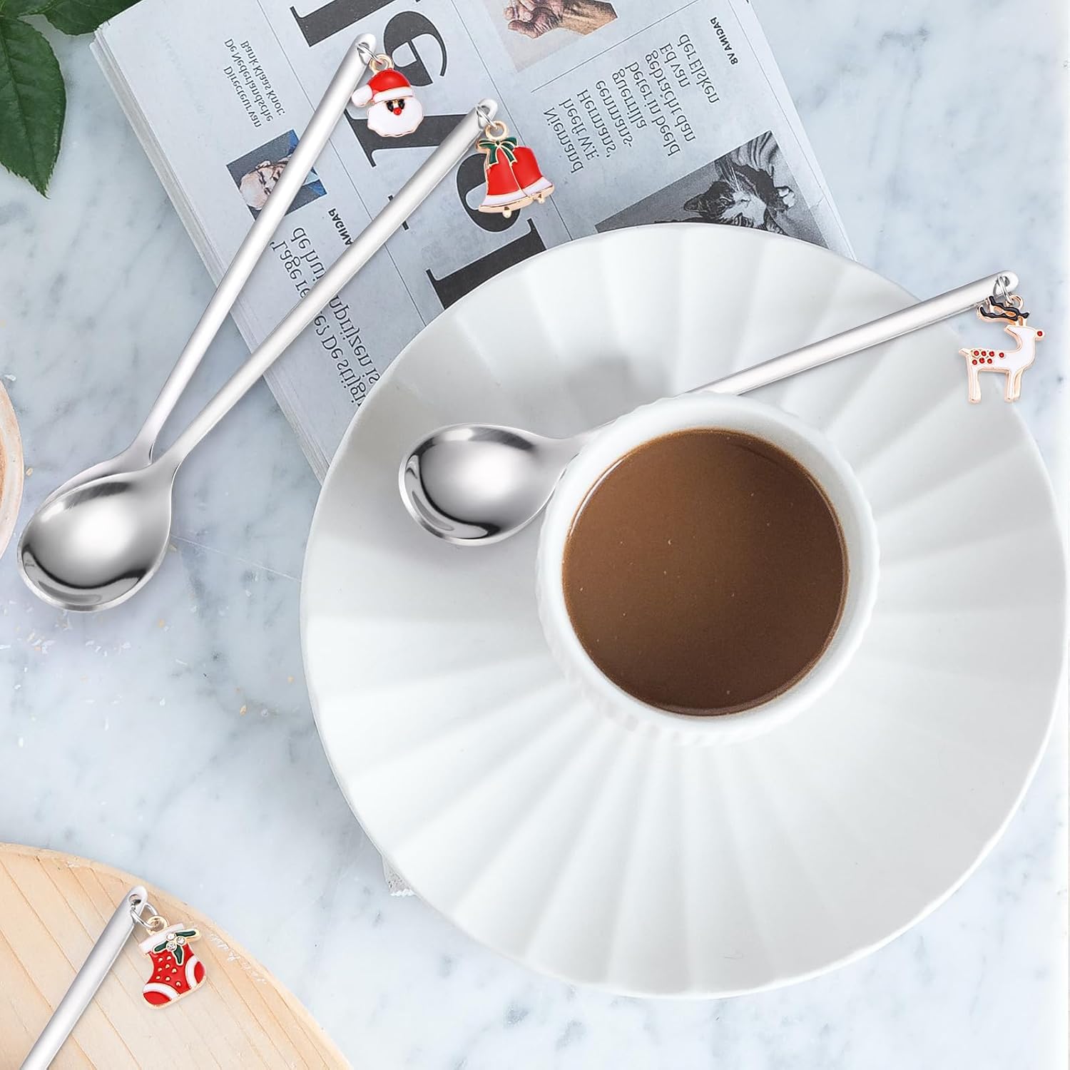 Cucharas de postre, cubiertos plateados de acero inoxidable de Navidad, 6 piezas con caja de regalo de Navidad, perfectos para fiestas de café y