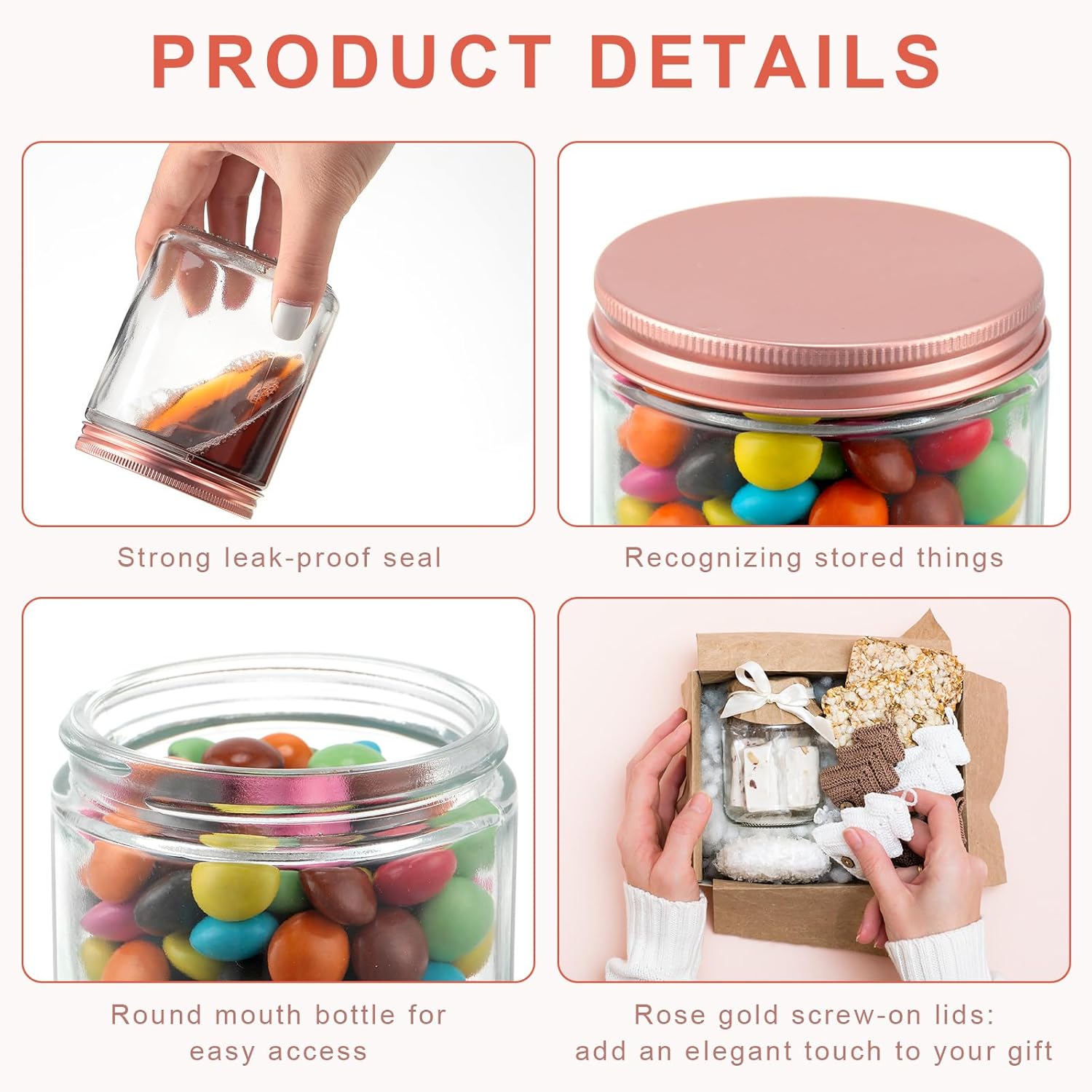 12 tarros de vidrio gruesos de 8 onzas y 8.5 fl oz con tapas de metal, tarros transparentes para hacer velas con tapas de oro rosa, recipientes