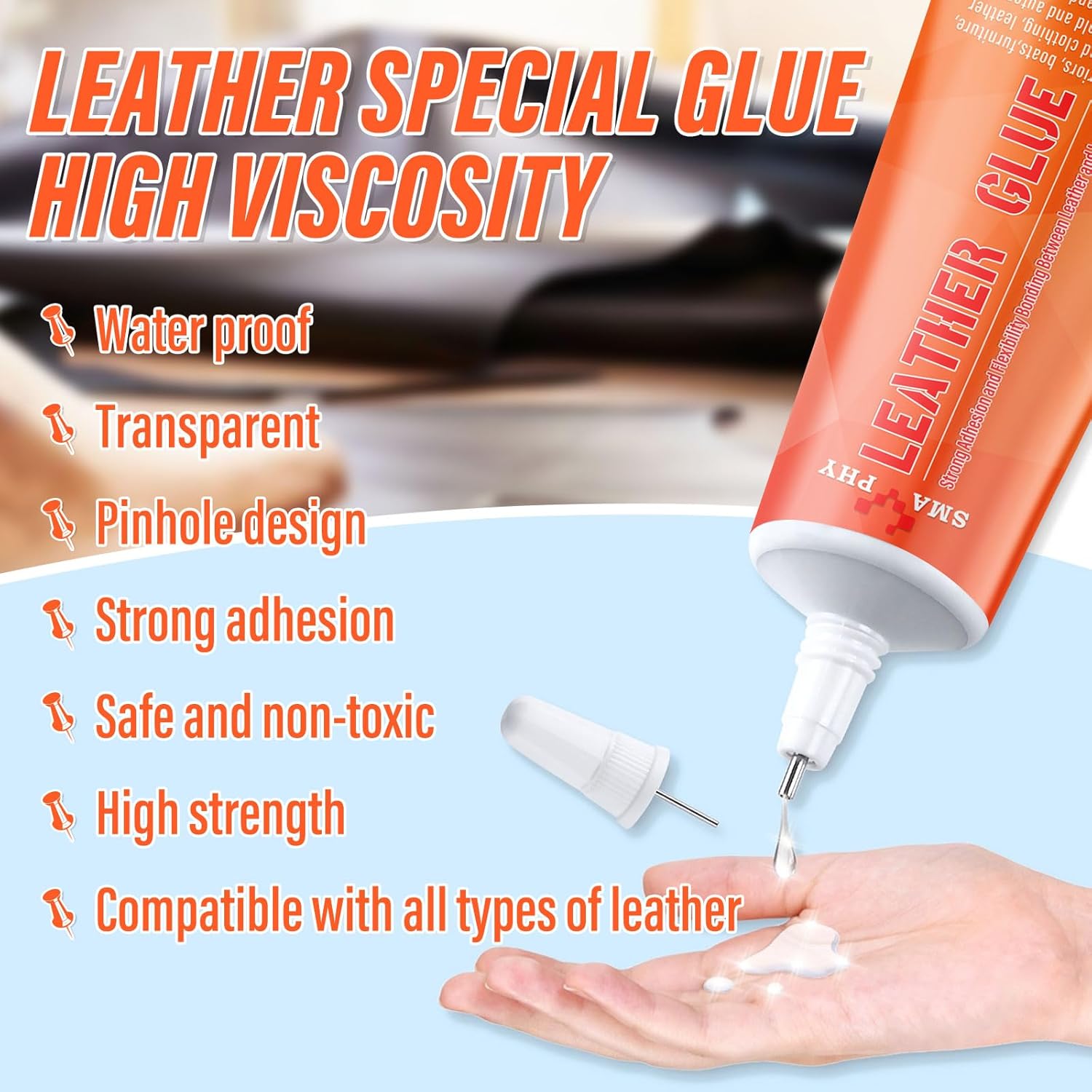 Pegamento de cuero de 2.16 oz, adhesivo de pegamento para cuero, pegamento de reparación de cuero, fuerte adhesión permanente transparente lavable,