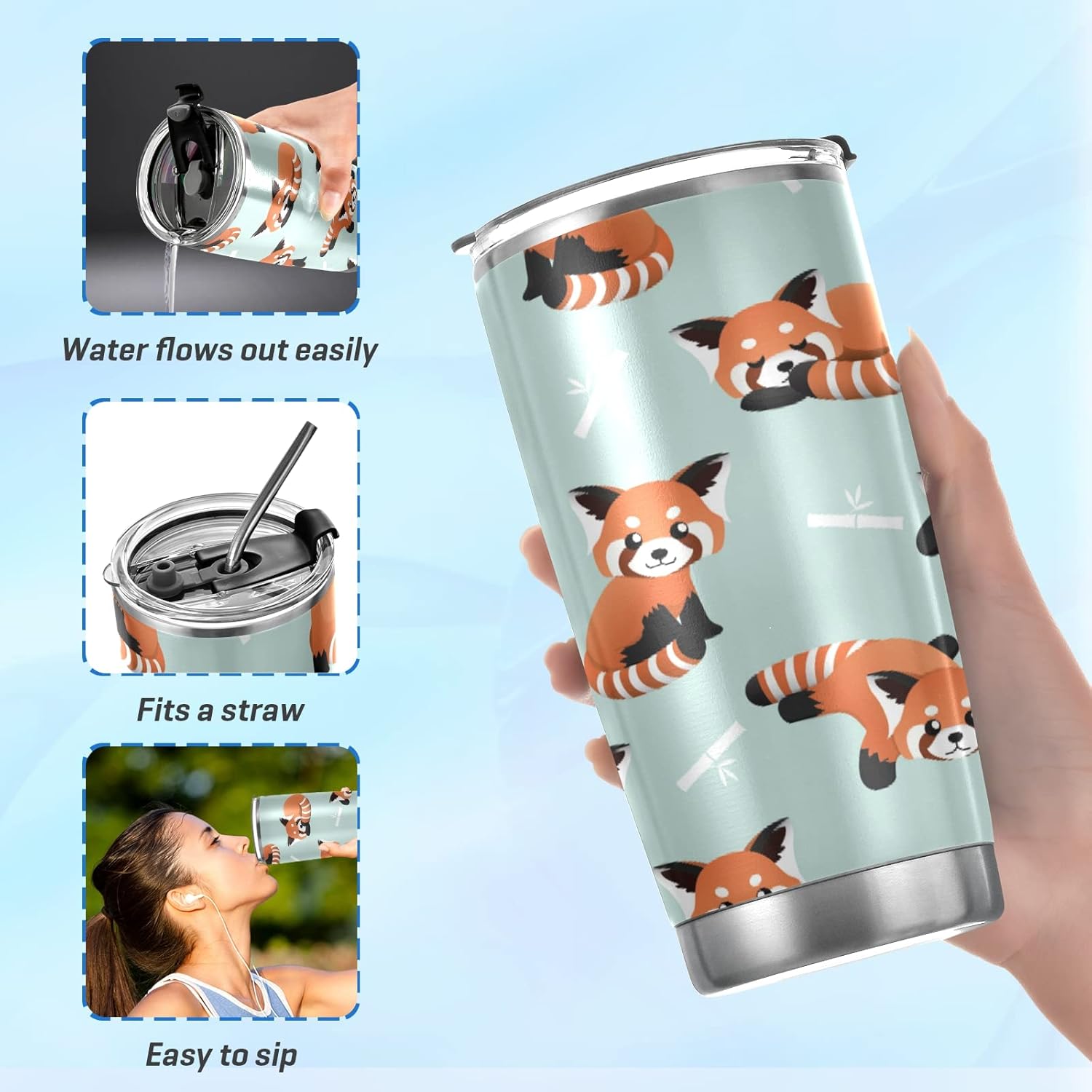 xigua Lindo vaso de panda rojo con tapa, acero inoxidable aislado al vacío, taza de hielo para café, botella de viaje de doble pared para bebidas