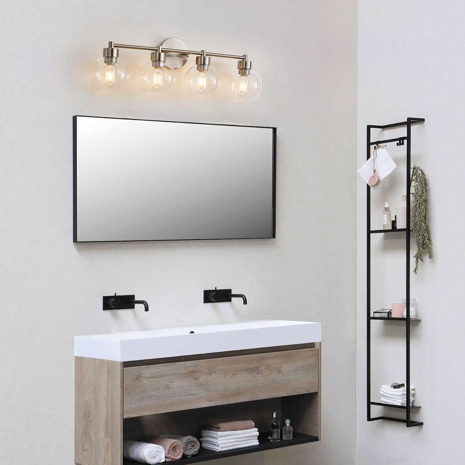 Lámparas de baño, 4 luces de tocador de baño, acabado redondo de níquel cepillado, luces de tocador de baño con pantallas de vidrio transparente de