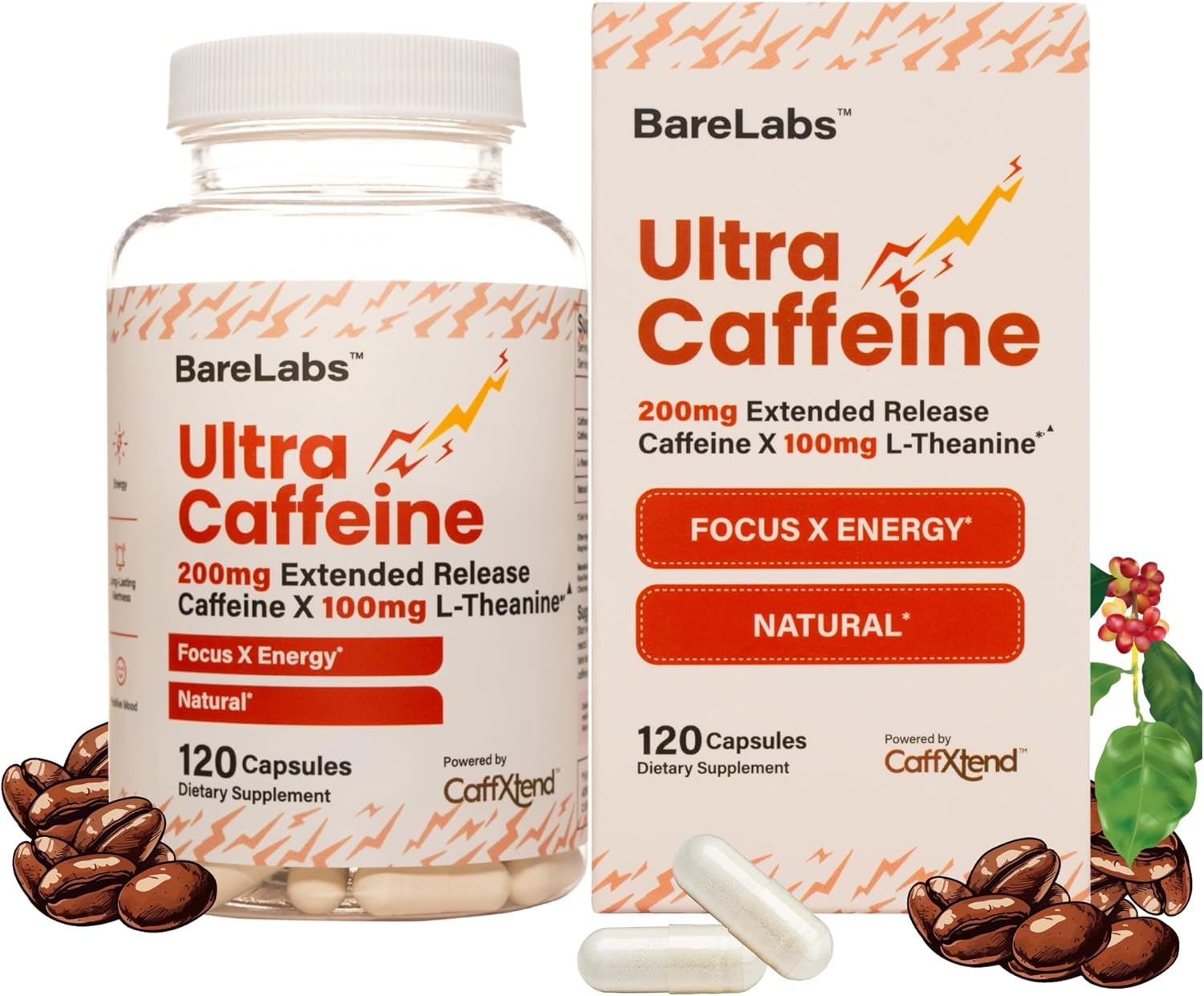 BareLabs Píldoras de cafeína natural de 200 mg de cafeína de liberación prolongada  Suplemento nootrópico de enfoque y energía  120 cápsulas  Lento,