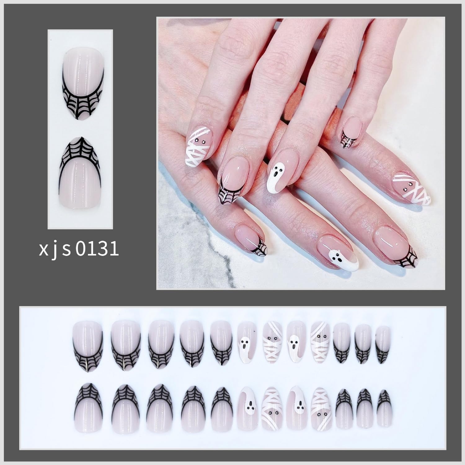 24 uñas postizas a presión de Halloween, uñas postizas cortas de almendra, brillantes, diseño de telaraña, fantasma, con pegamento, cobertura