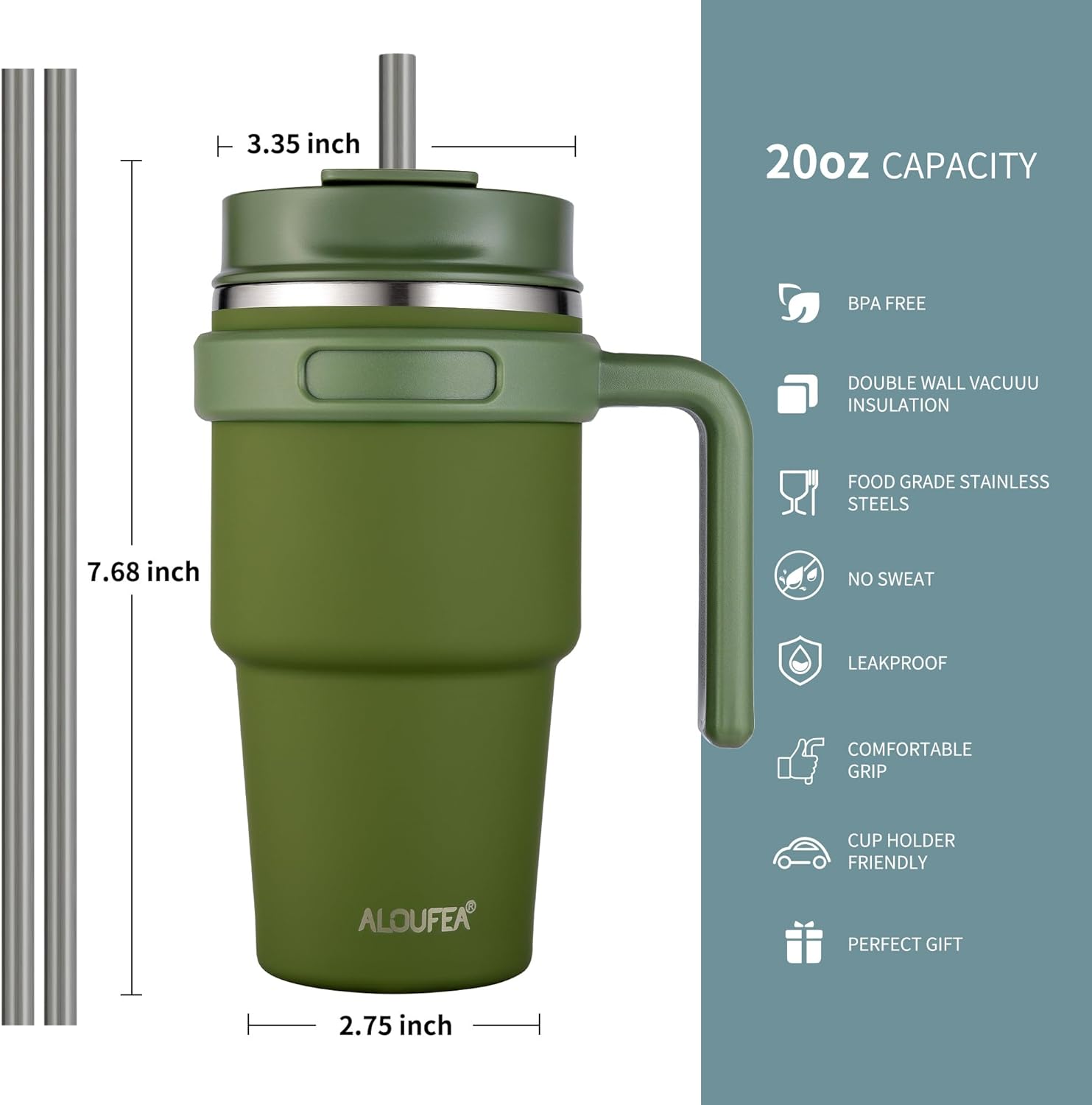 ALOUFEA Taza de café aislada de 20 onzas con asa, vaso de viaje de acero inoxidable con tapa y popote, taza térmica de doble pared al vacío a prueba
