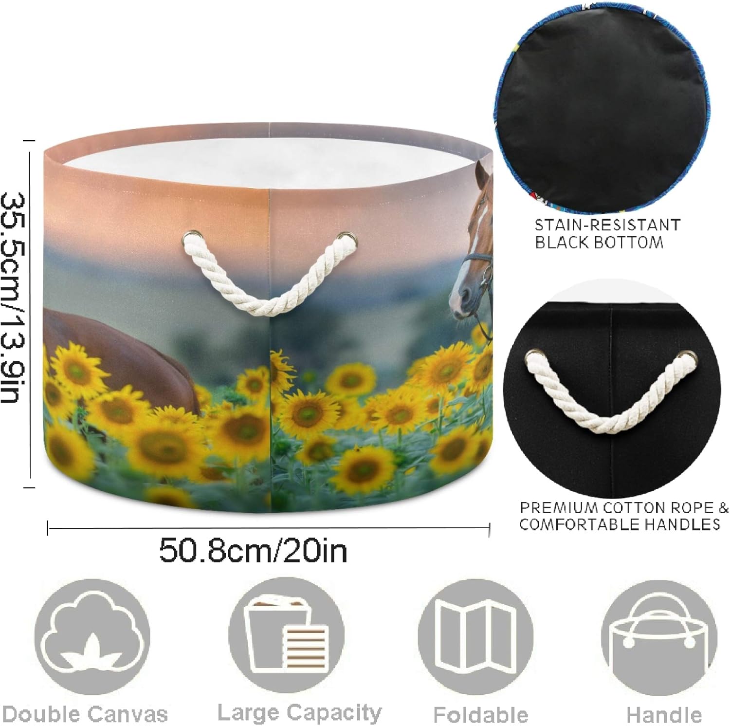 visesunny Cesta de almacenamiento de caballo rojo, girasol, cesta para guardería, organizador de ropa, juguetes, bolsa de lavandería plegable para
