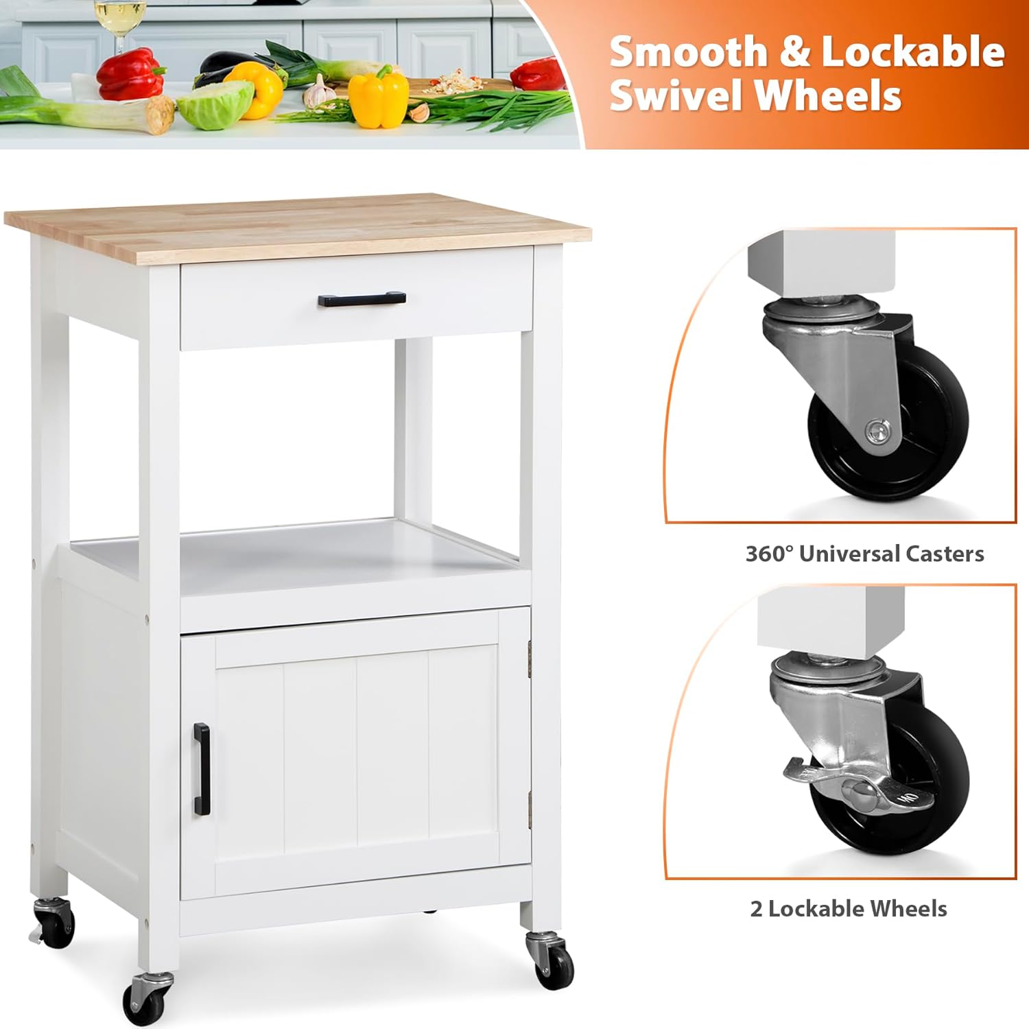 Isla de cocina con ruedas giratorias con cajón, armario de almacenamiento con 3 ganchos laterales para comedor, color blanco