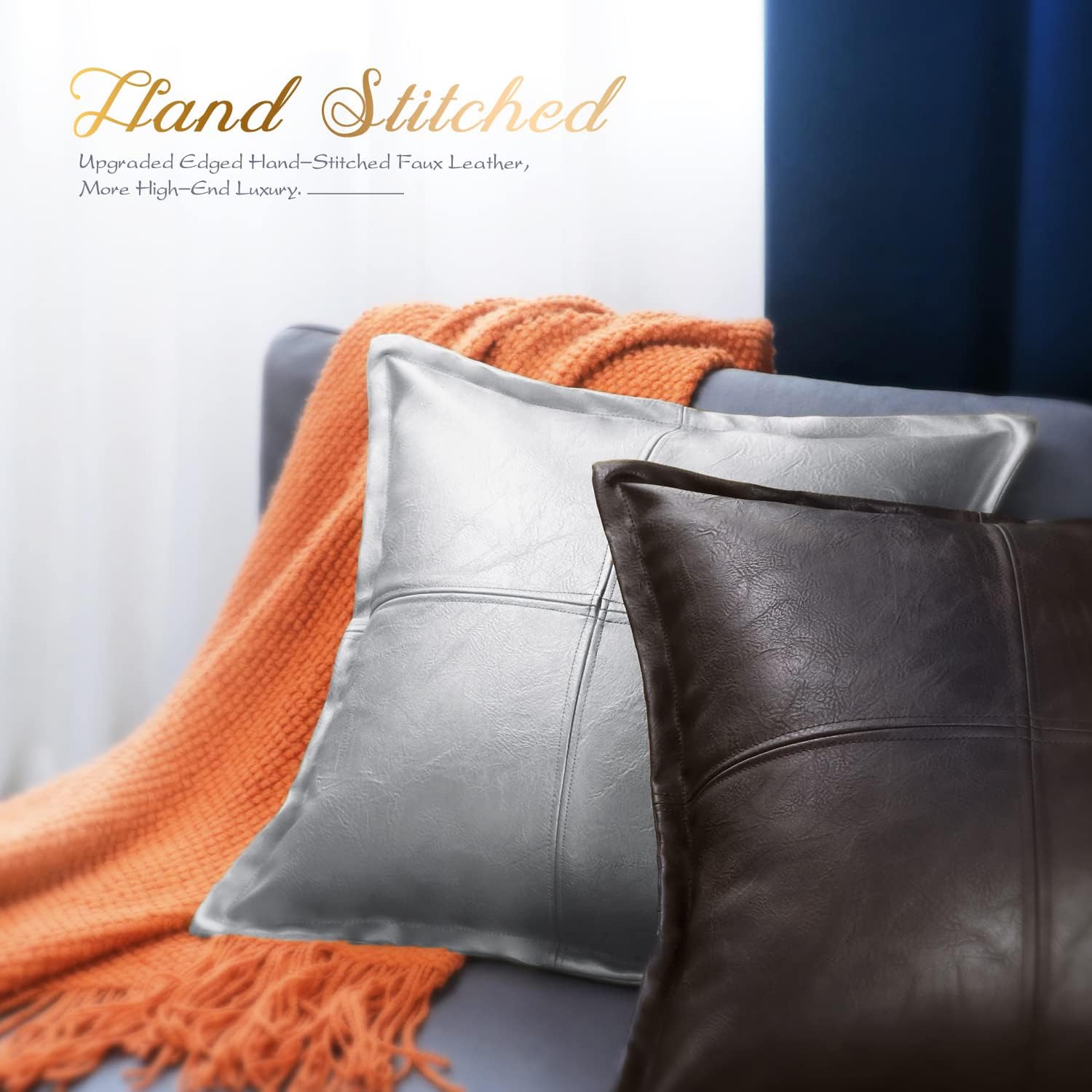 BRAWARM Almohada de cuero plateado de 16 x 16 pulgadas, funda de almohada de piel sintética con ribetes, fundas de almohada decorativas de cuero