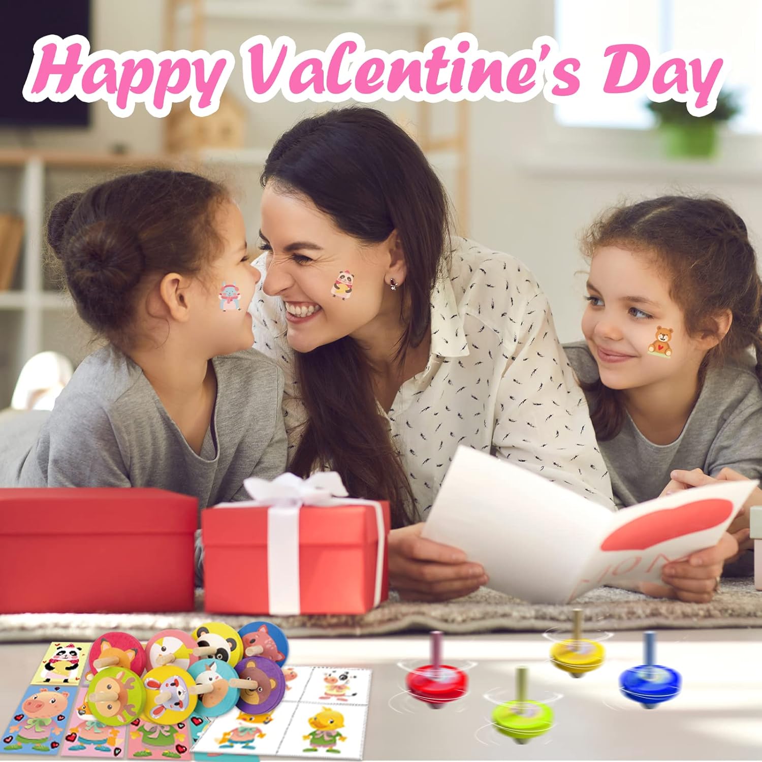 96 juguetes de San Valentín para clase, tarjetas de intercambio del día de San Valentín para niños, tapas giratorias de madera, calcomanías de