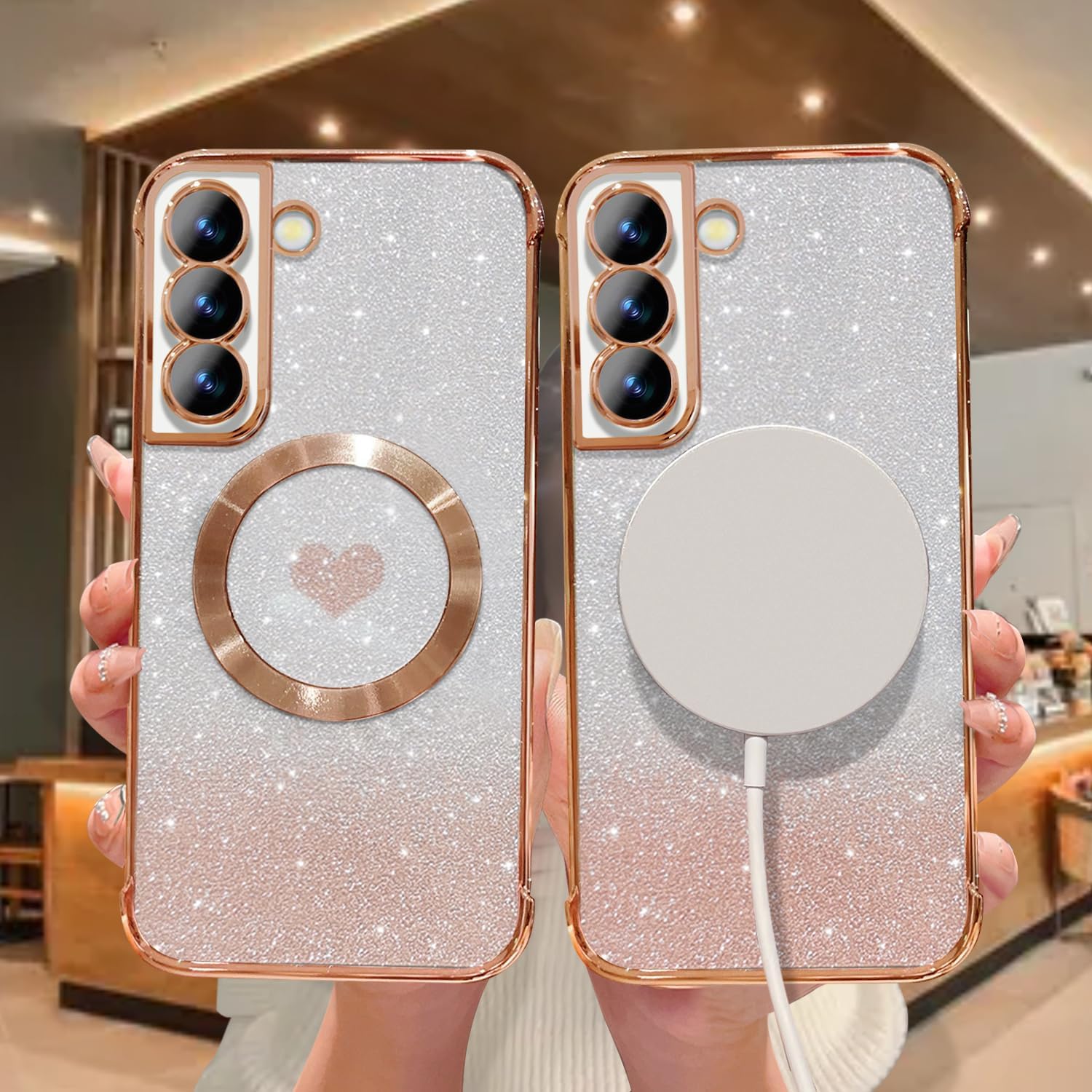 Funda magnética para Samsung Galaxy S22, para mujeres y niñas, chapado de lujo suave, brillante, brillante, brillante, lindo corazón, compatible con