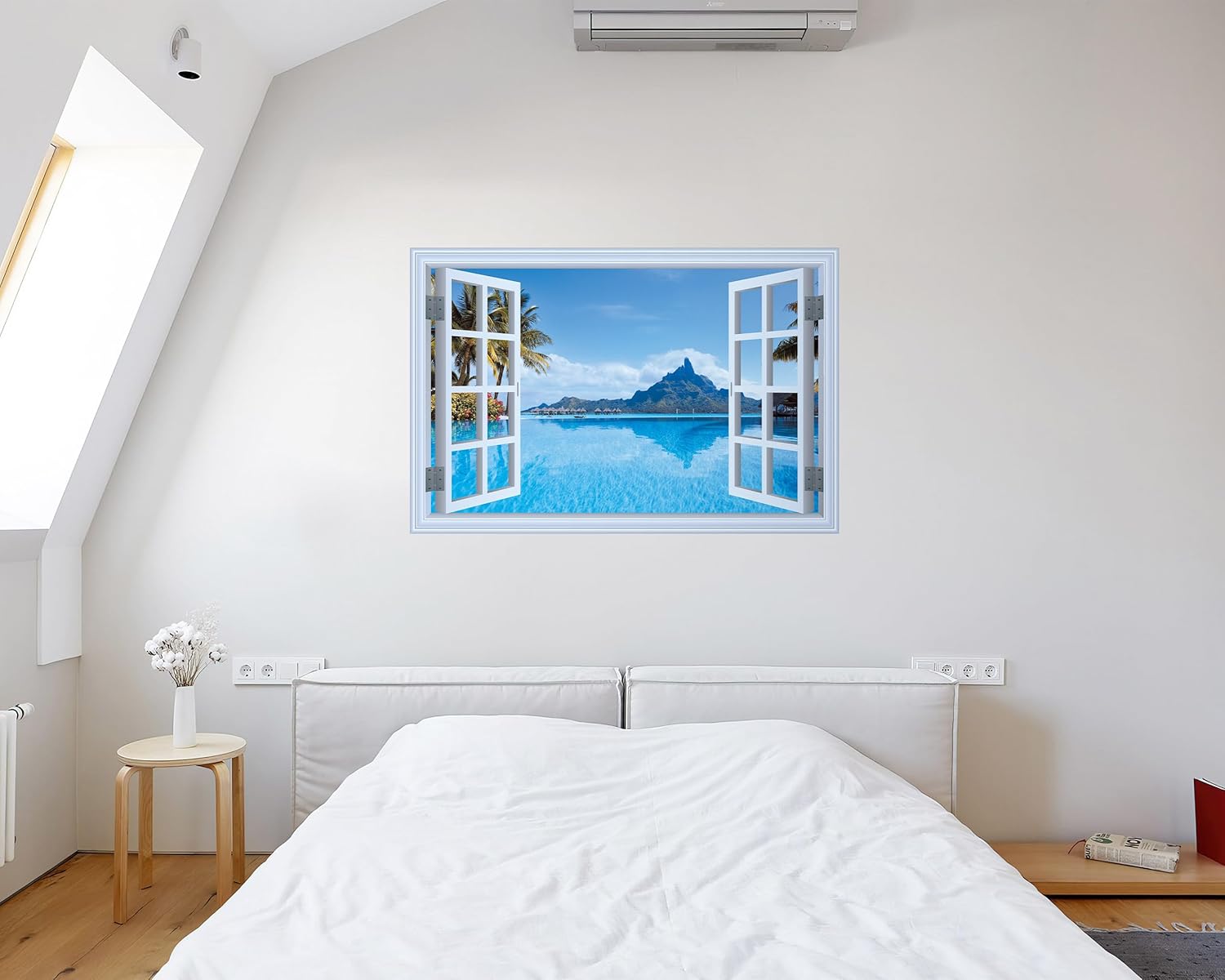 FLFK Mural de pared falso para ventana, calcomanía de pared de ventana sintética con vista al mar para decoración de pared, calcomanías de pared