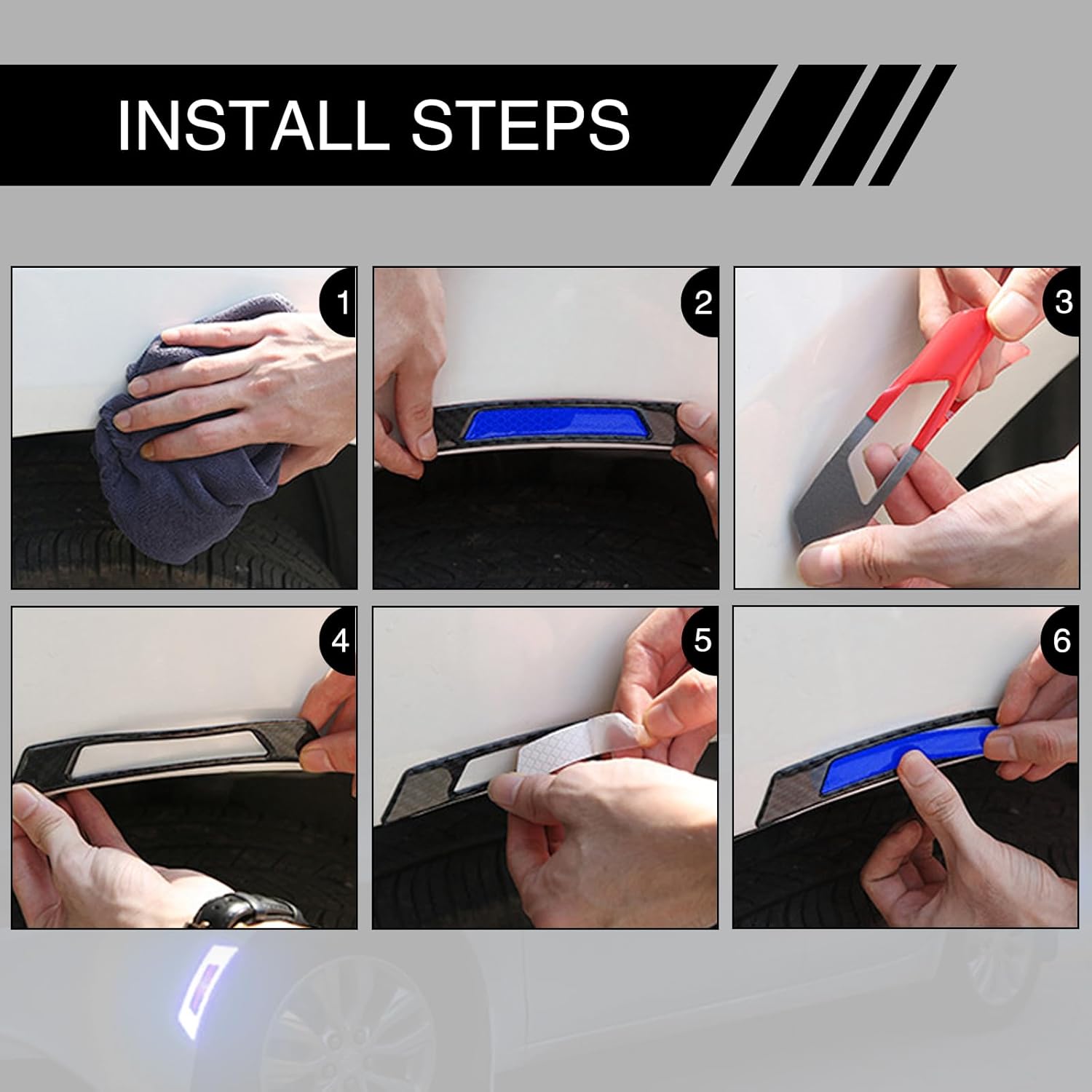 GKmow 6 calcomanías reflectantes para ruedas de automóvil, fibra de carbono, antiarañazos, decoración nocturna antiarañazos, tiras reflectantes de