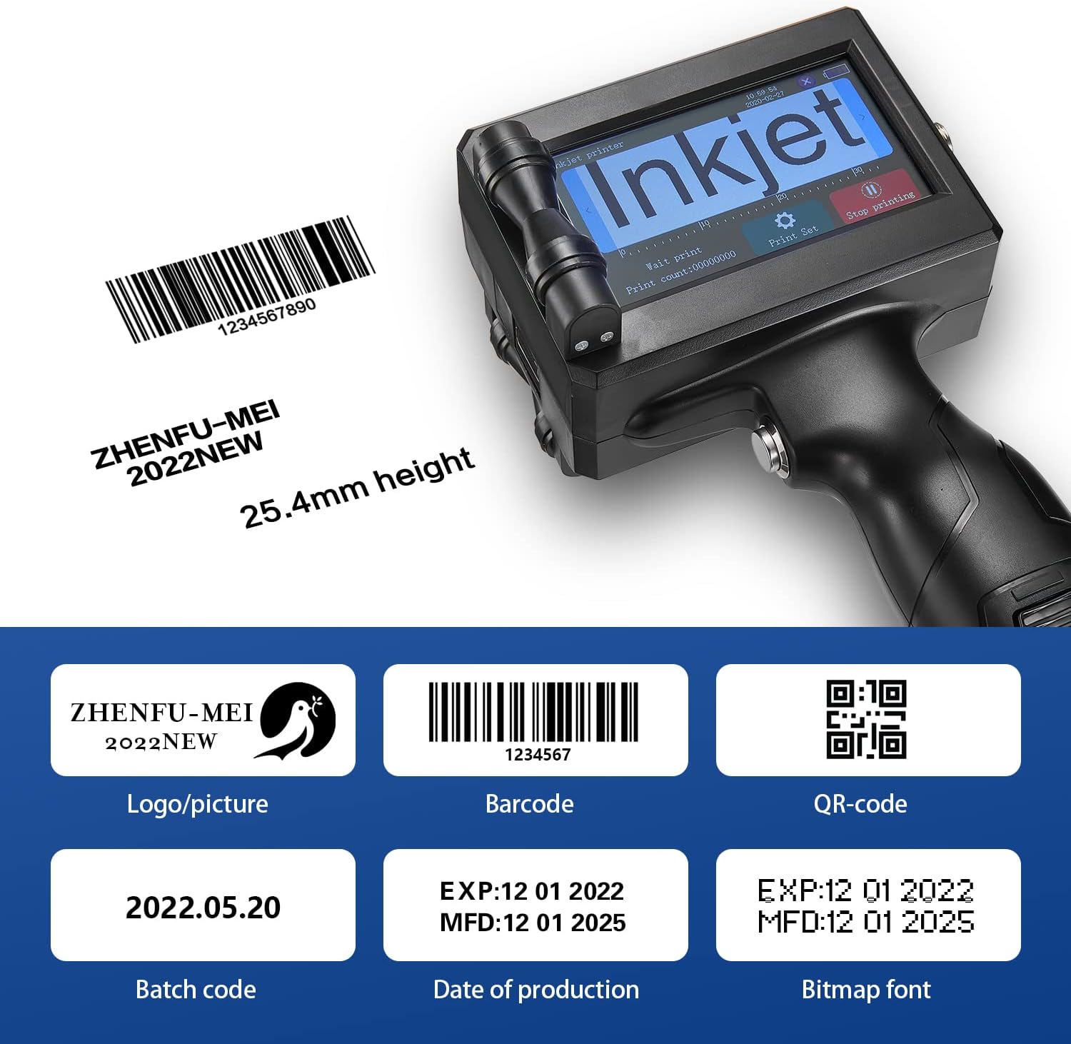 Impresora portátil ZFM6 de 0.500 in0.5 pulgadas con pantalla táctil LED HD de 4.3 pulgadas, uso para código de barras QR, fecha, logotipo, impresión