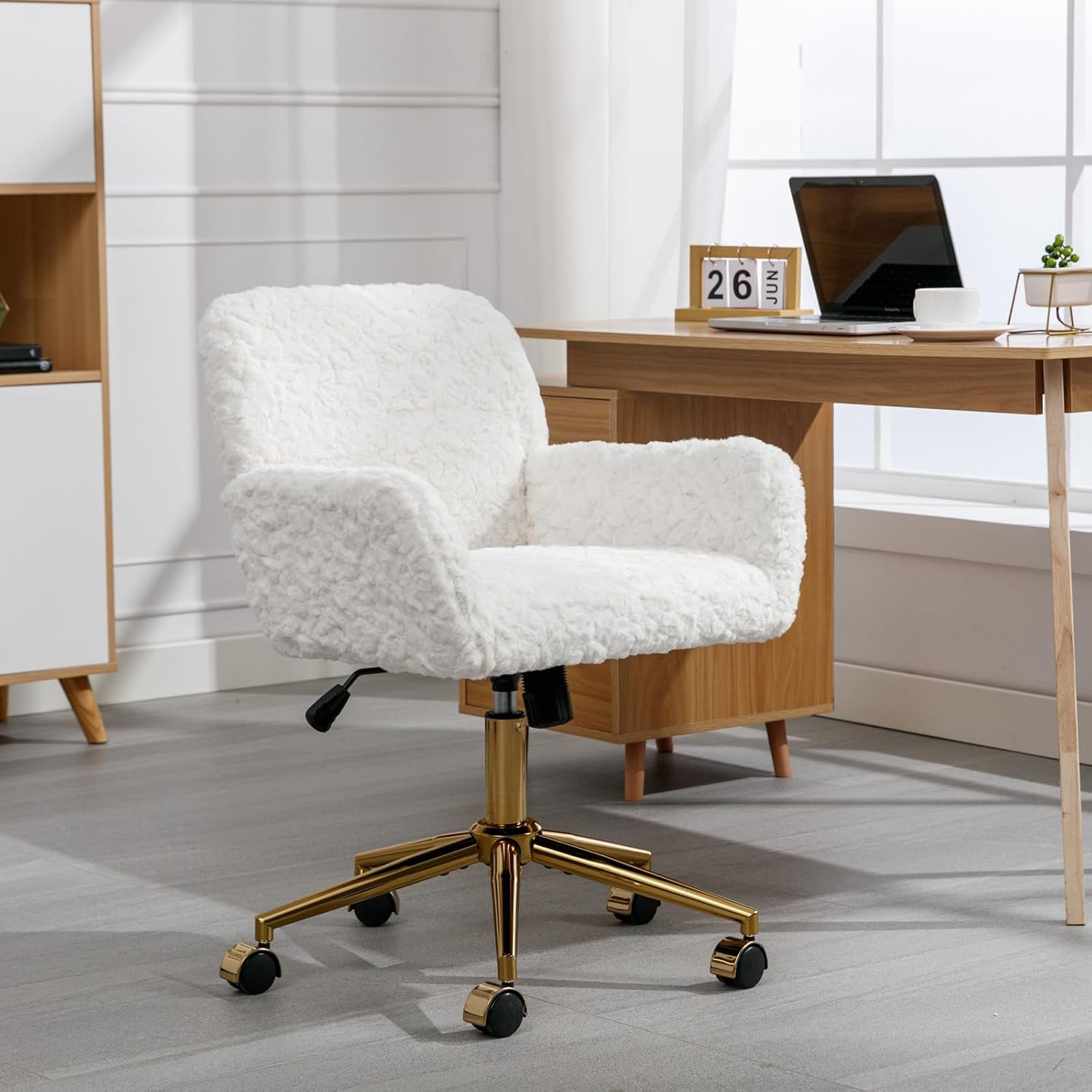 Silla de tocador blanca, silla de escritorio, pequeña silla giratoria ajustable para maquillaje en casa, linda silla con forma de carcasa con patas