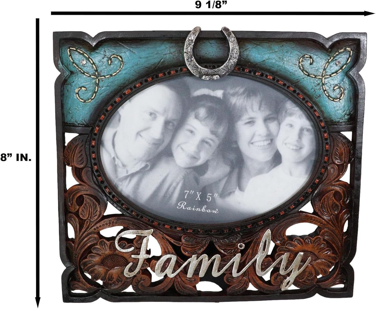 Ebros Gift Rustic Western Family – Marco de fotos de piel sintética turquesa y resina de madera tallada, 7 x 5 pulgadas, con caballete trasero,