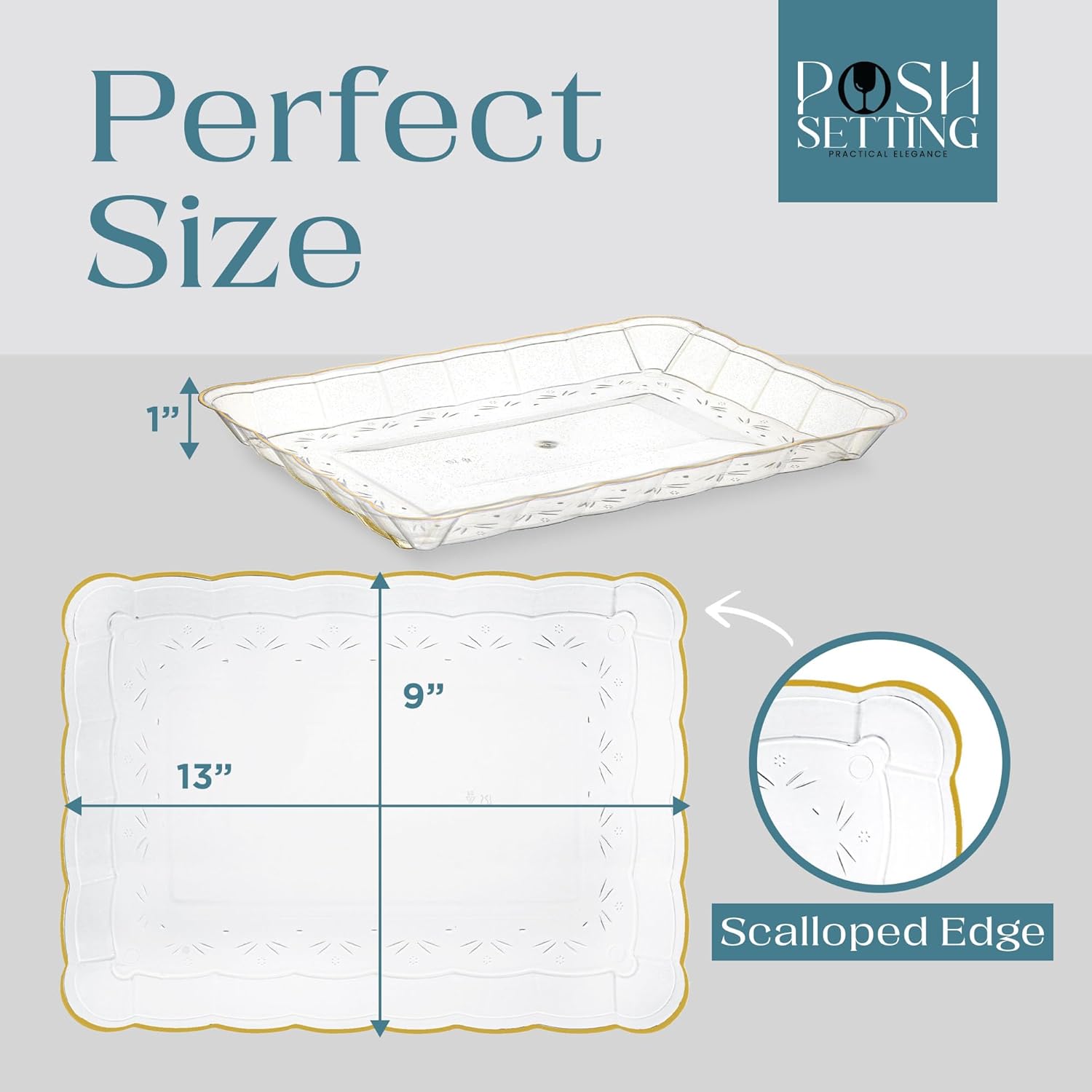 Posh Setting – Bandejas de plástico para servir alimentos, bandejas transparentes y doradas para fiestas, bandejas de plástico para servir, platos