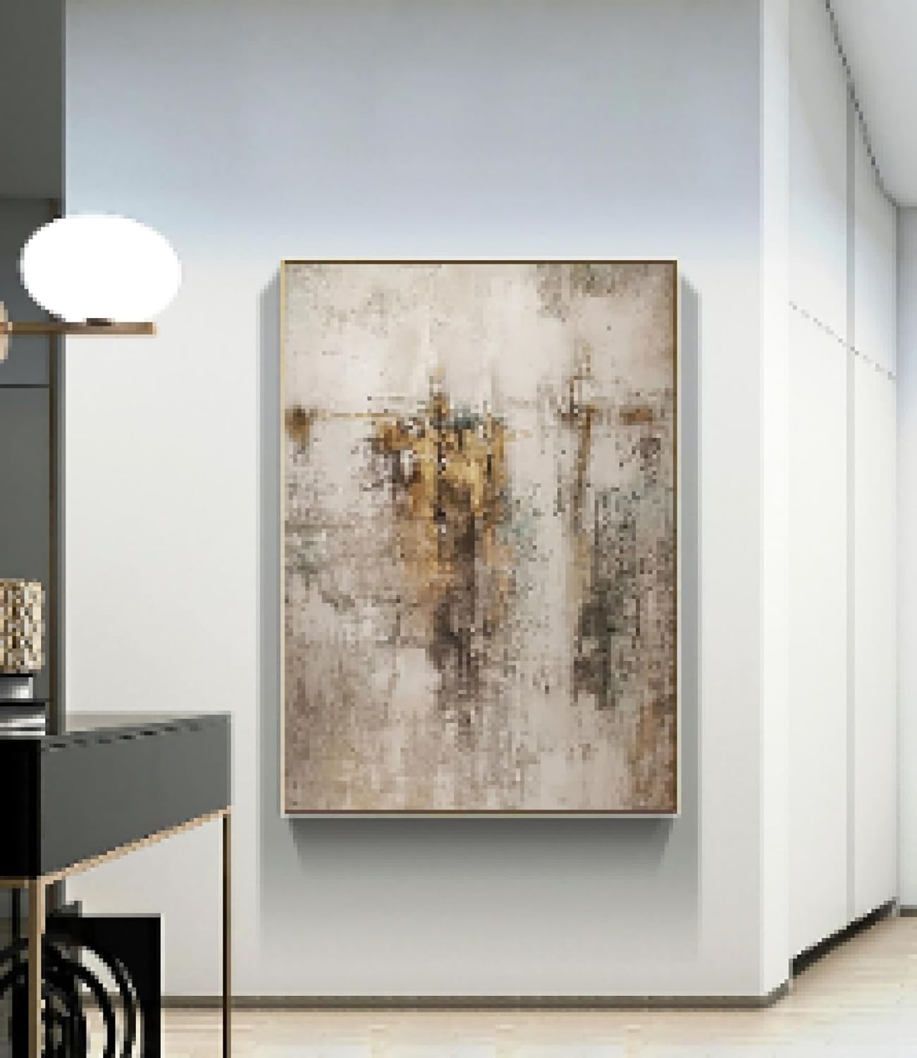 Pintura de arte abstracto grande beige dorado marrón para sala de estar, pintura gris beige, arte de pared escandinavo, decoración del hogar, 14 x