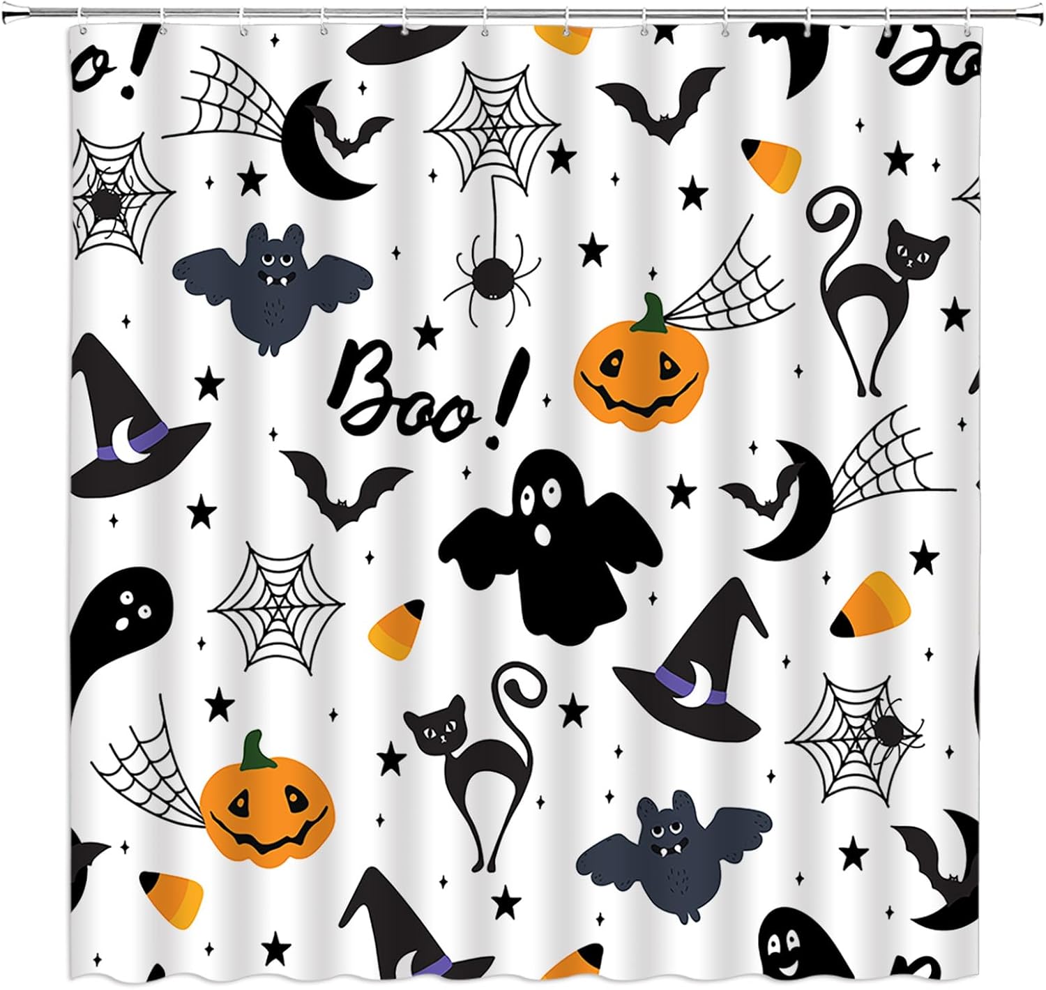 Cortina de ducha de Halloween, calabaza de terror, fantasmas espeluznantes, aterradores, murciélago negro, luna, murciélago gótico, sombrero de