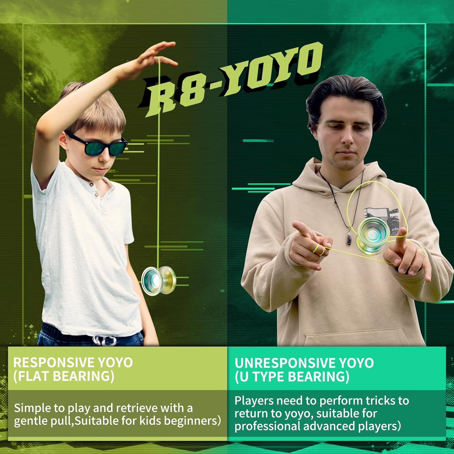 WATIEOBOO R8 Responsive Yoyo Professional, Yoyo de metal para niños y adultos principiantes, rodamiento Yoyo de repuesto que no responde para