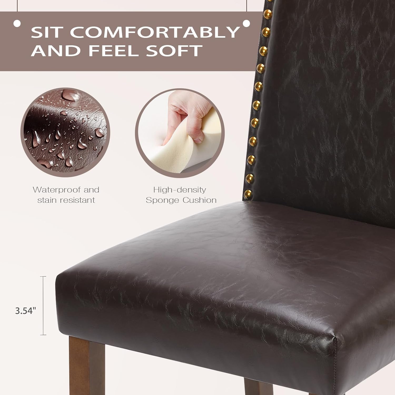 MCQ Juego de 6 sillas de comedor tapizadas, modernas sillas de comedor tapizadas de cuero con ribete de cabeza de clavo y patas de madera, silla de