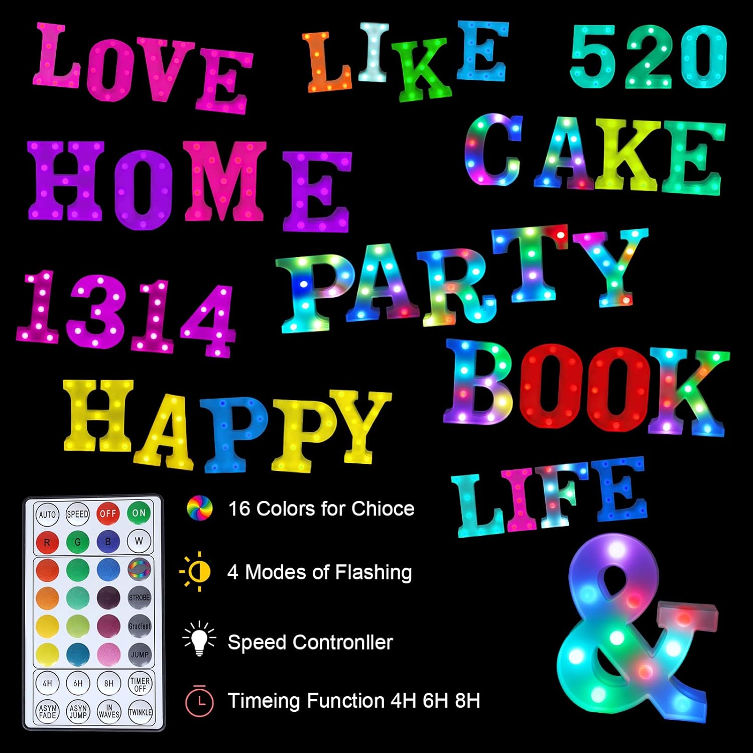 Luces LED de letras coloridas, 16 colores cambiantes, luces LED de marquesina, luces nocturnas regulables para bodas, cumpleaños, vacaciones,