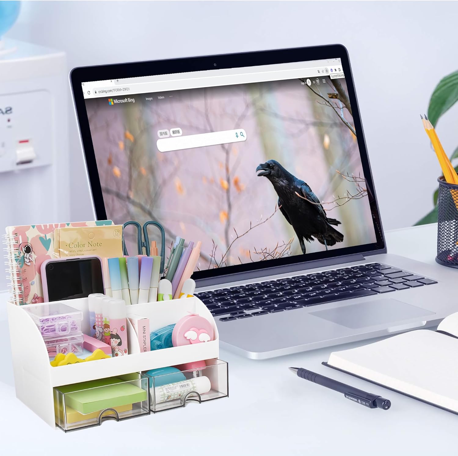 EASTVIO Organizador de escritorio con 2 cajones, soporte multifuncional para lápices, organizador de escritorio y accesorios, caja de almacenamiento