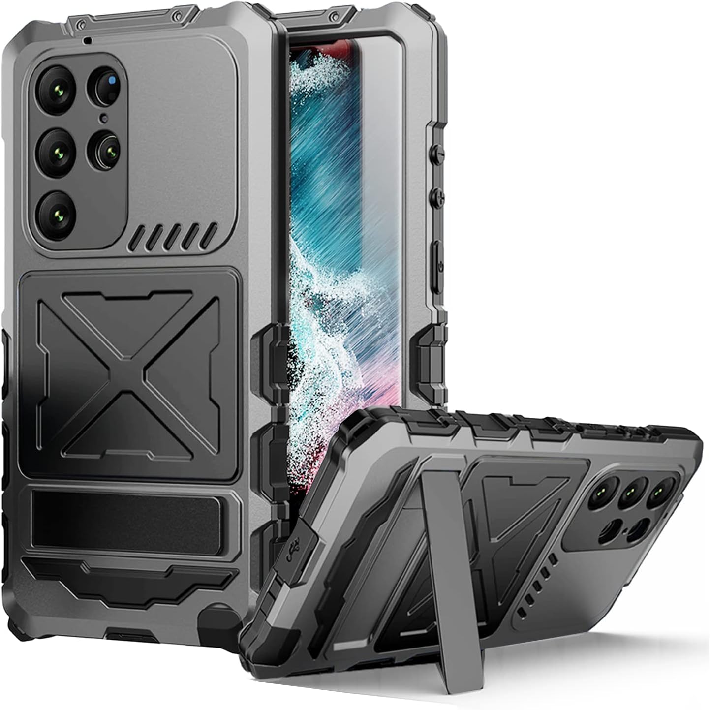 Simicoo Funda de silicona resistente para Samsung S23 Ultra Metal Bumper Militar Resistente Armor Defender Samsung S23 Ultra Funda de metal con