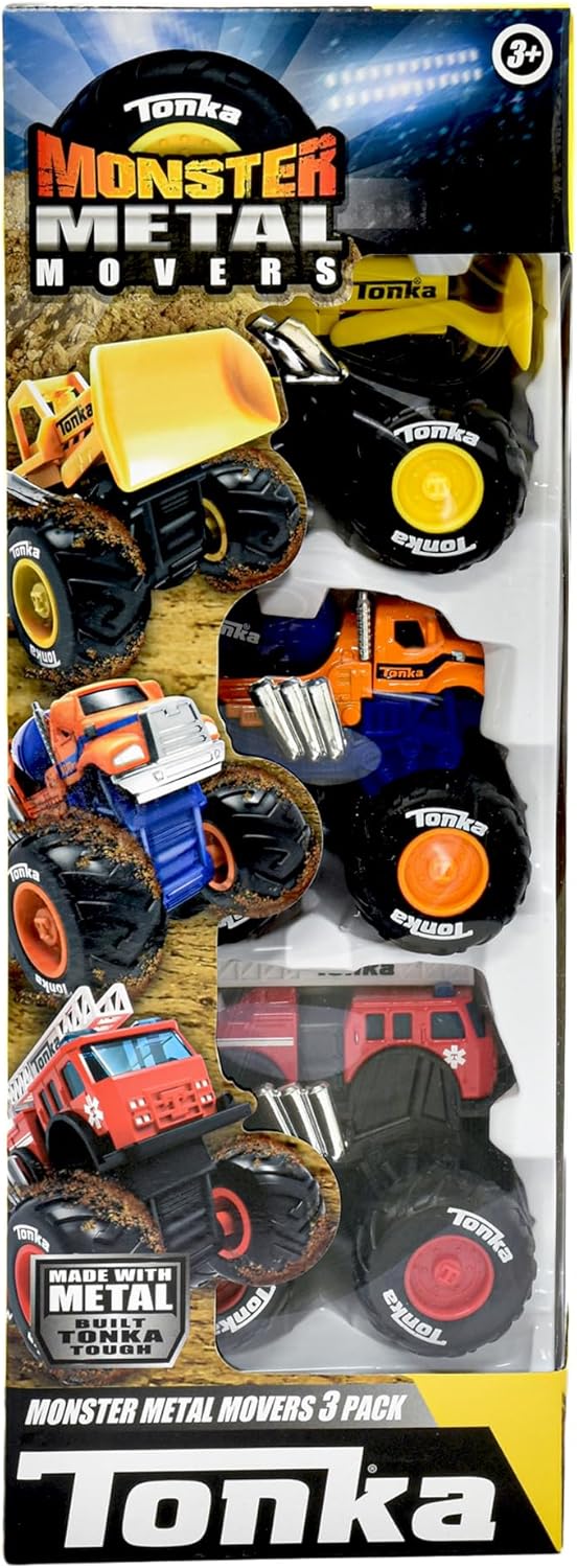 Tonka Monster Metal Movers – Cargador frontal, camión de bomberos y mezclador de cemento (3 unidades)