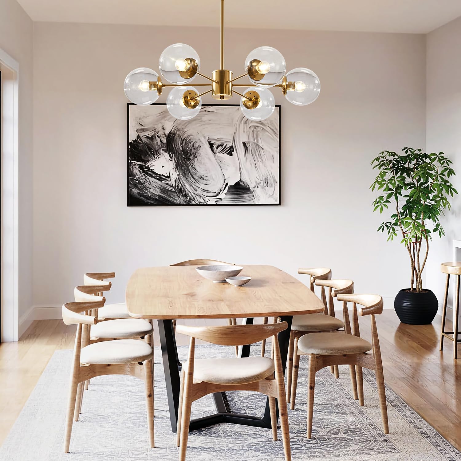 KCO Lighting Modern – Lámpara de araña Sputnik de 6 luces con globo de vidrio transparente, lámpara colgante de techo ajustable de mediados de