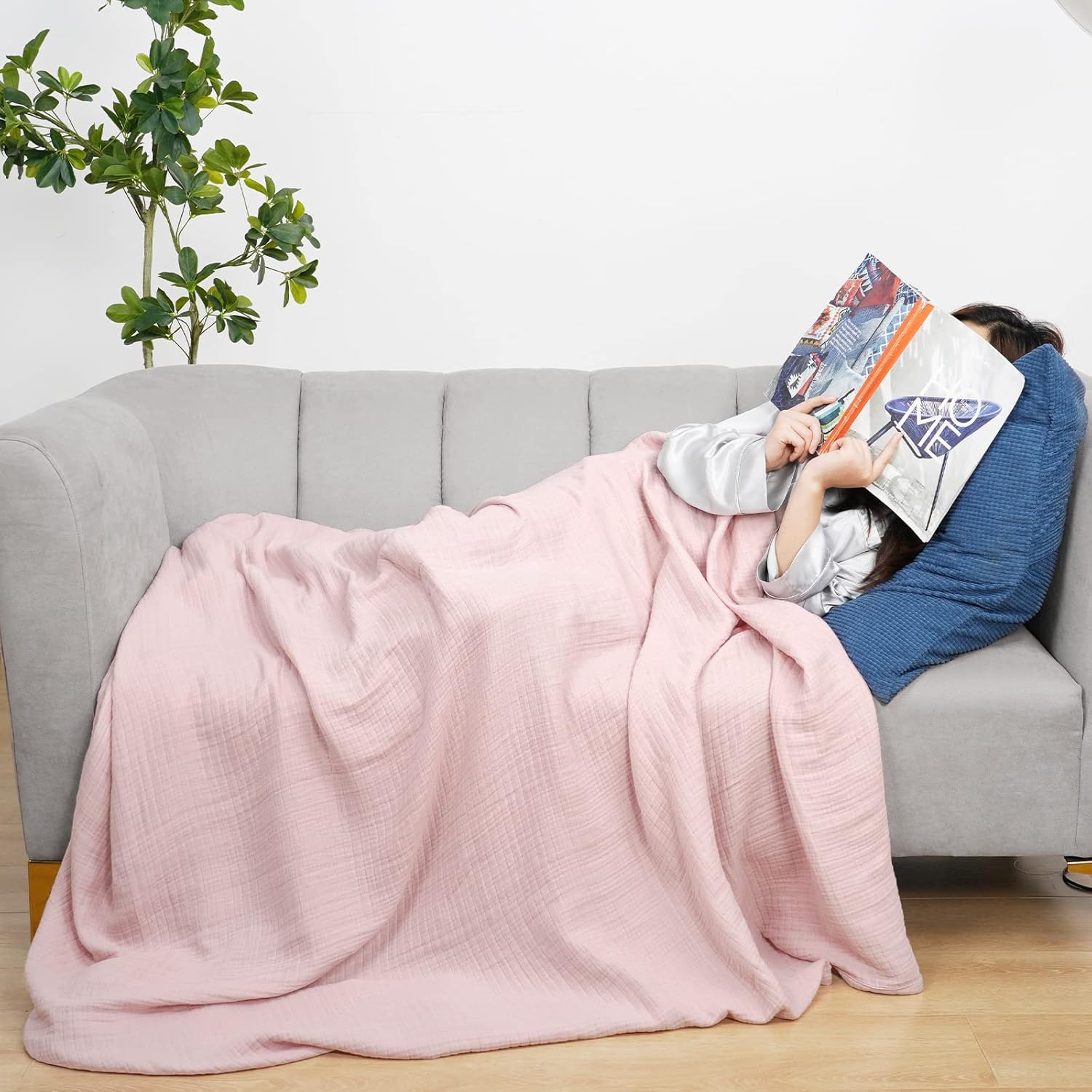 PHF Manta 100% de muselina de algodón de 50 x 60 pulgadas, manta ligera y transpirable de 4 capas, manta de gasa ultrasuave para sofá, cama,