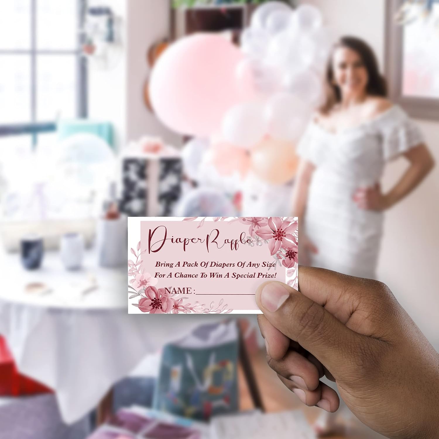 Cartel de sorteo de pañales, kit de juego para baby shower (1 letrero de pie + 50 tarjetas de adivinanzas), boleto de inserción floral rosa,
