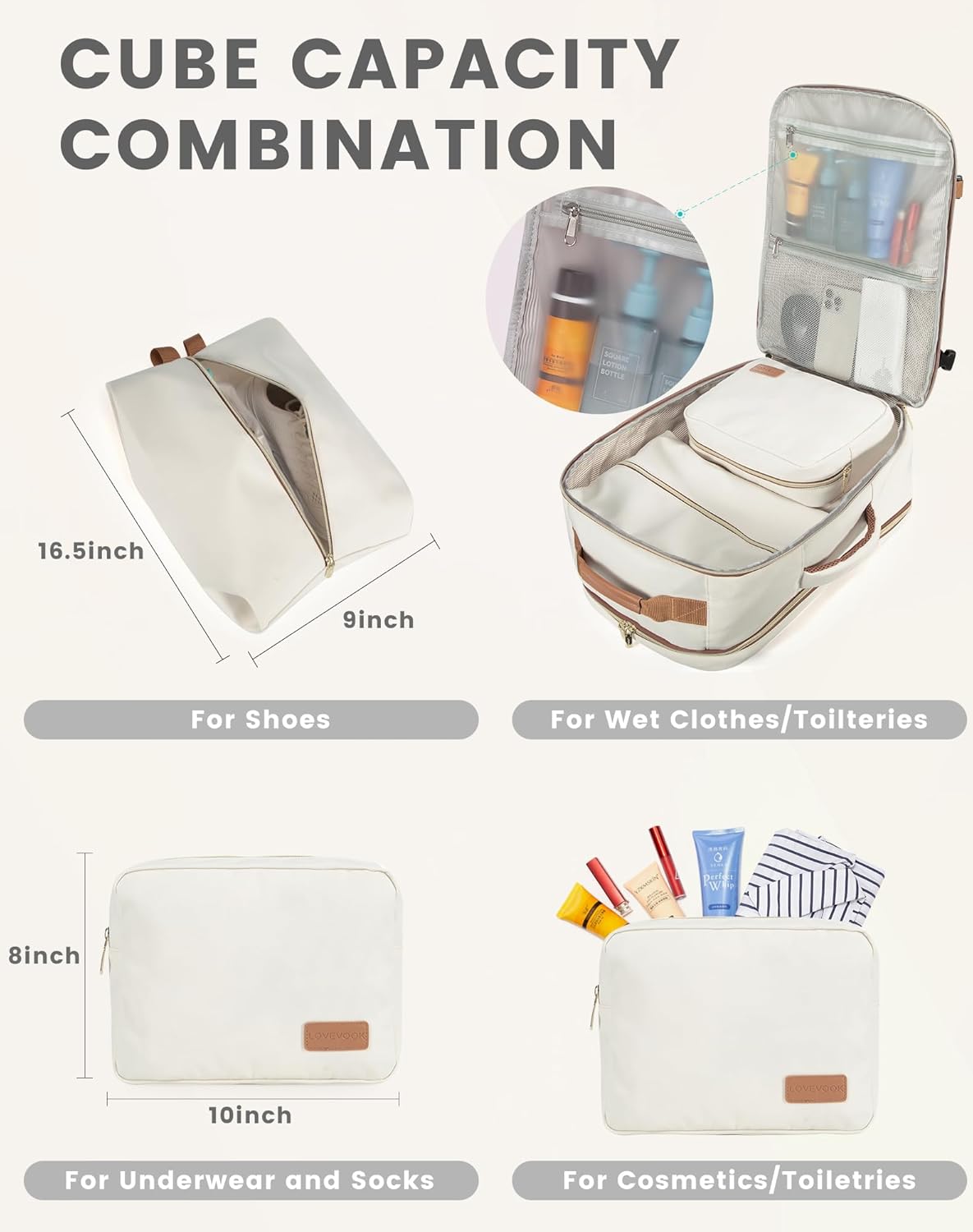 LOVEVOOK Mochila de viaje para mujeres y hombres como artículo personal aprobado por vuelo, equipaje de 40 L, Beige, Mochila de viaje, mochila de