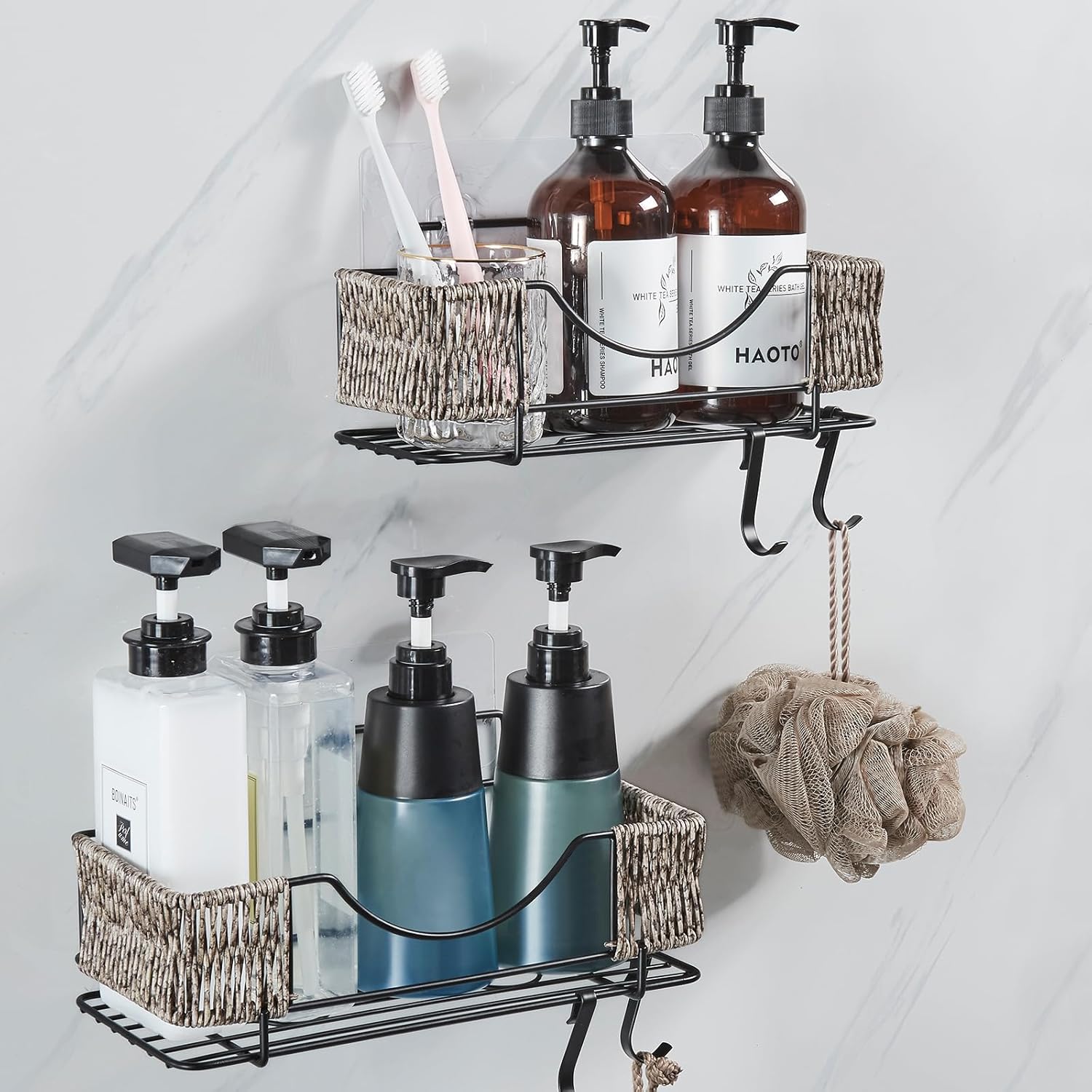 Organizador adhesivo para ducha estantes de ducha de baño de ratán sin perforaciones, soporte para champú a prueba de óxido para pared de ducha,
