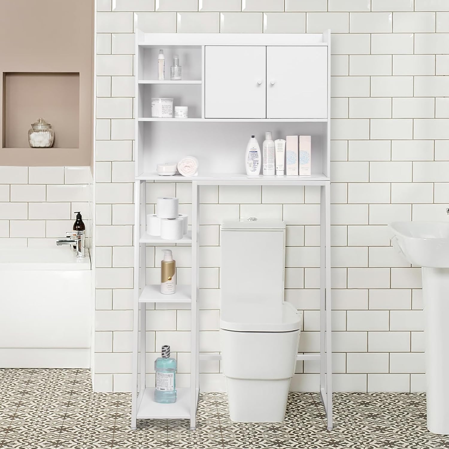 Gabinete de almacenamiento sobre el inodoro, organizador de baño sobre el inodoro con soporte de papel higiénico, organizador de baño sobre el