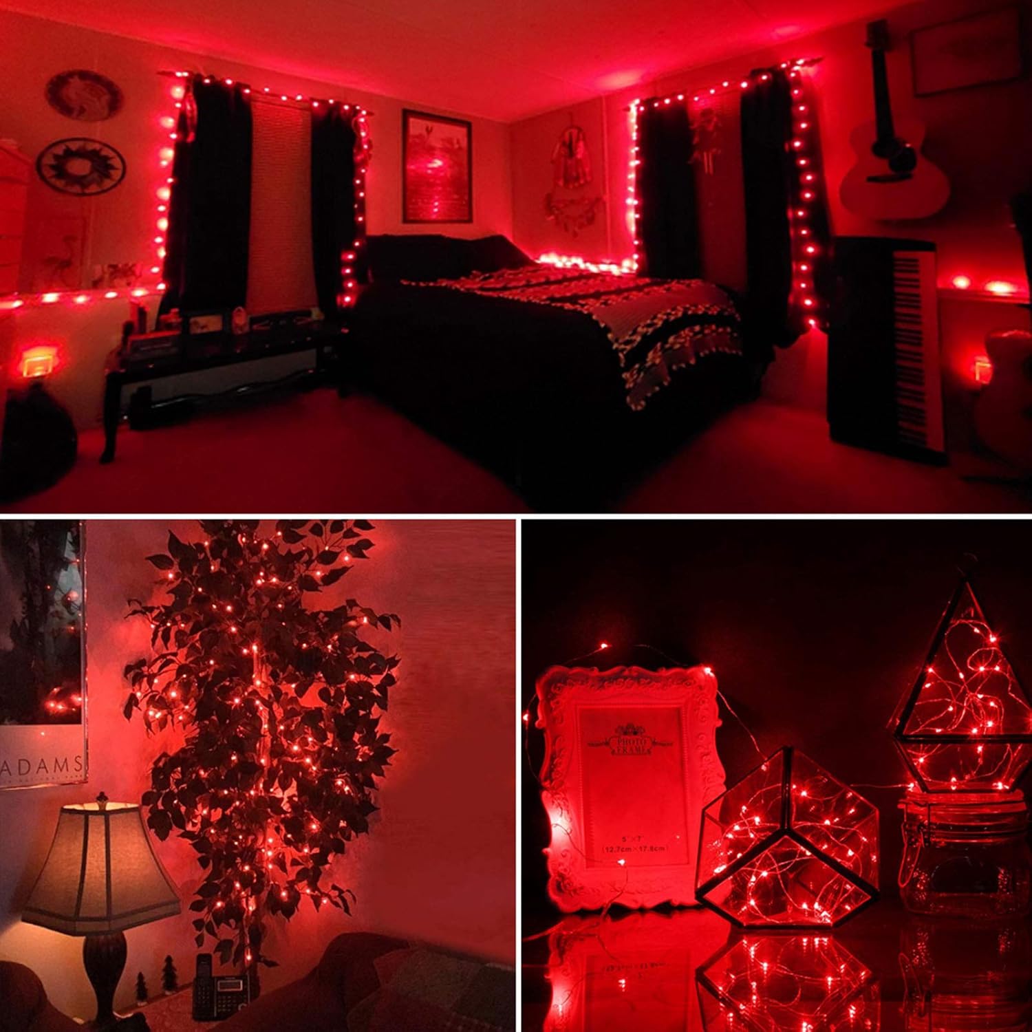 Guirnalda de luces de alambre plateado con enchufe de 33 pies, 100 luces LED con carrete, color rojo