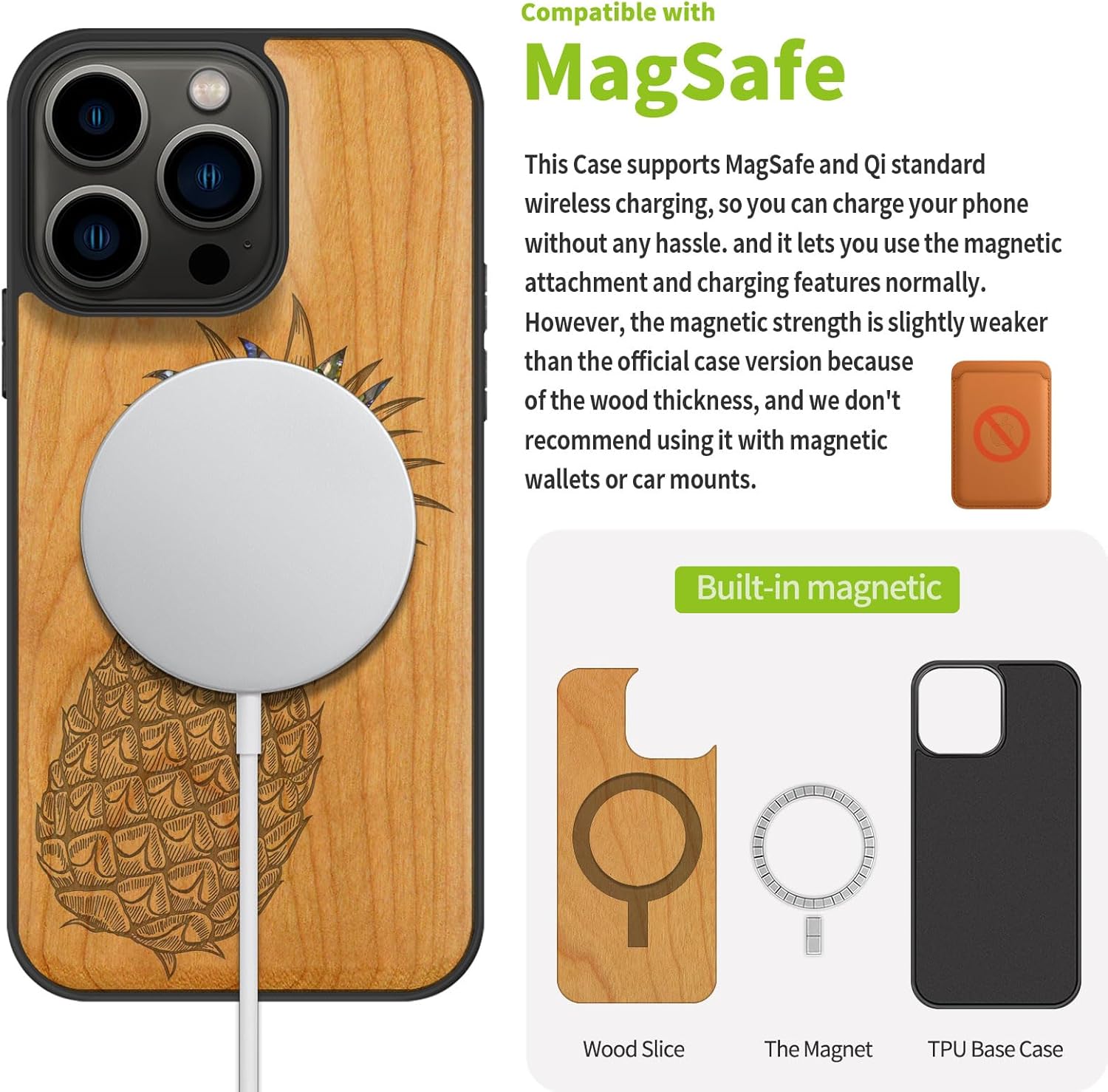 Carveit Funda protectora de madera de diseñador para iPhone 13 Pro (grabado de madera e incrustaciones de carcasa) compatible con 13 Pro MagSafe