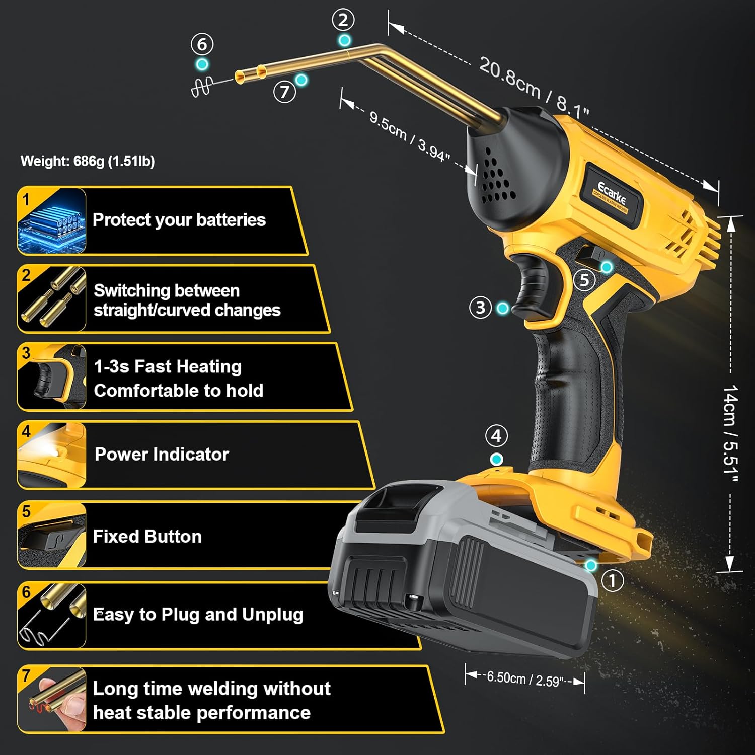 Ecarke – Pistola soldadora de plástico inalámbrica para batería Dewalt de 20 V, máquina de soldadura portátil de 120 W, 6 tipos y 600 grapas, kit de