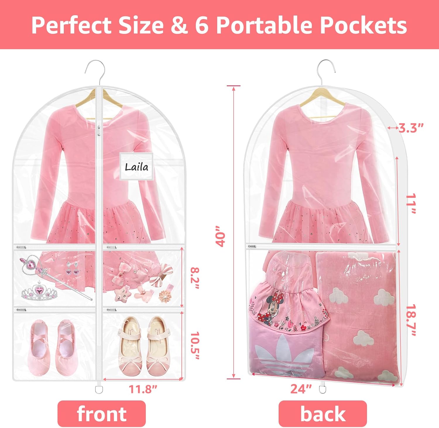 Bolsas transparentes de 40 pulgadas para disfraces de baile para bailarines con 6 bolsillos con cremallera, guillots de 3.3 pulgadas para
