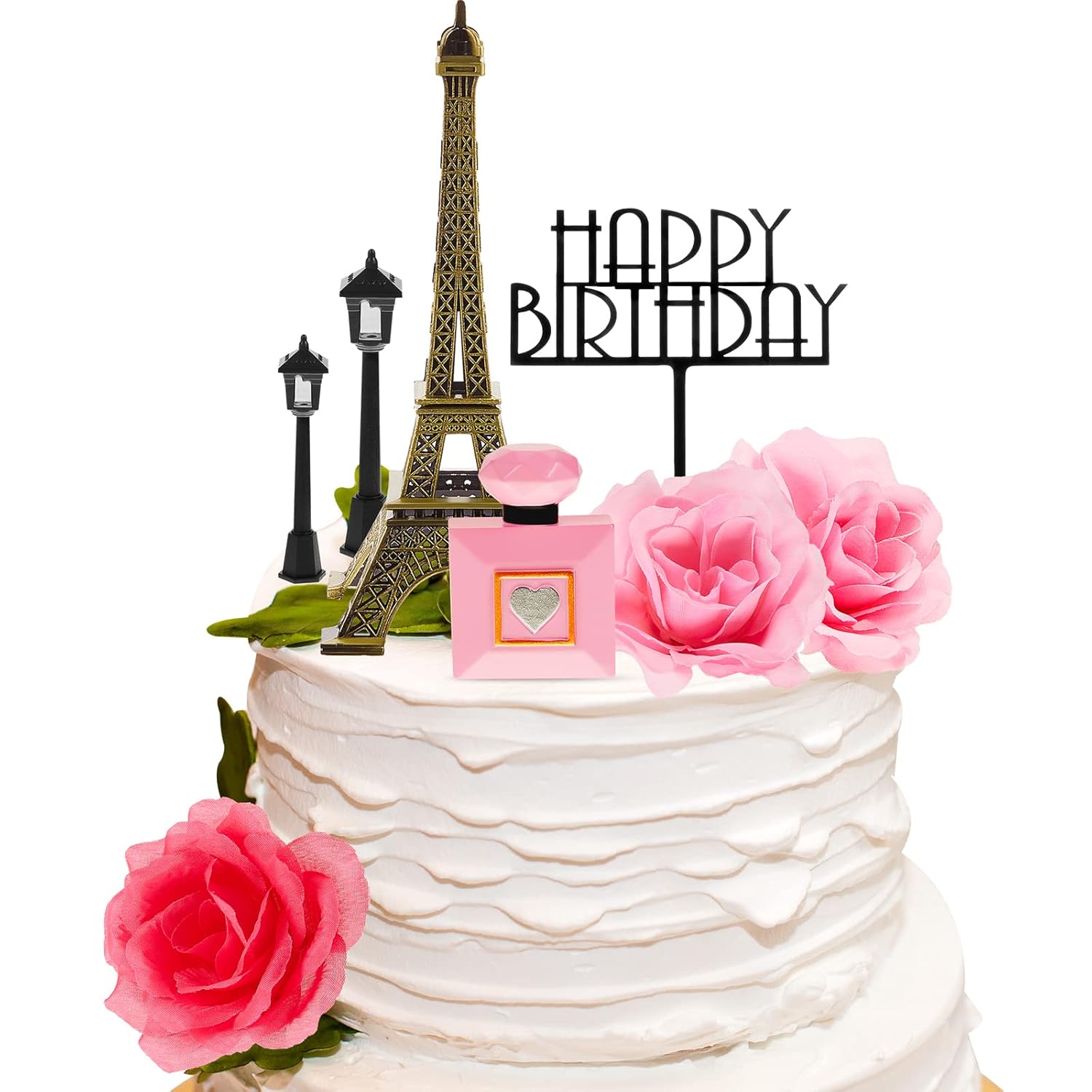 8 piezas de decoración de pastel de París Torre Eiffel con decoración de pastel de feliz cumpleaños, lámpara de calle, torre Eiffel de 7 pulgadas,