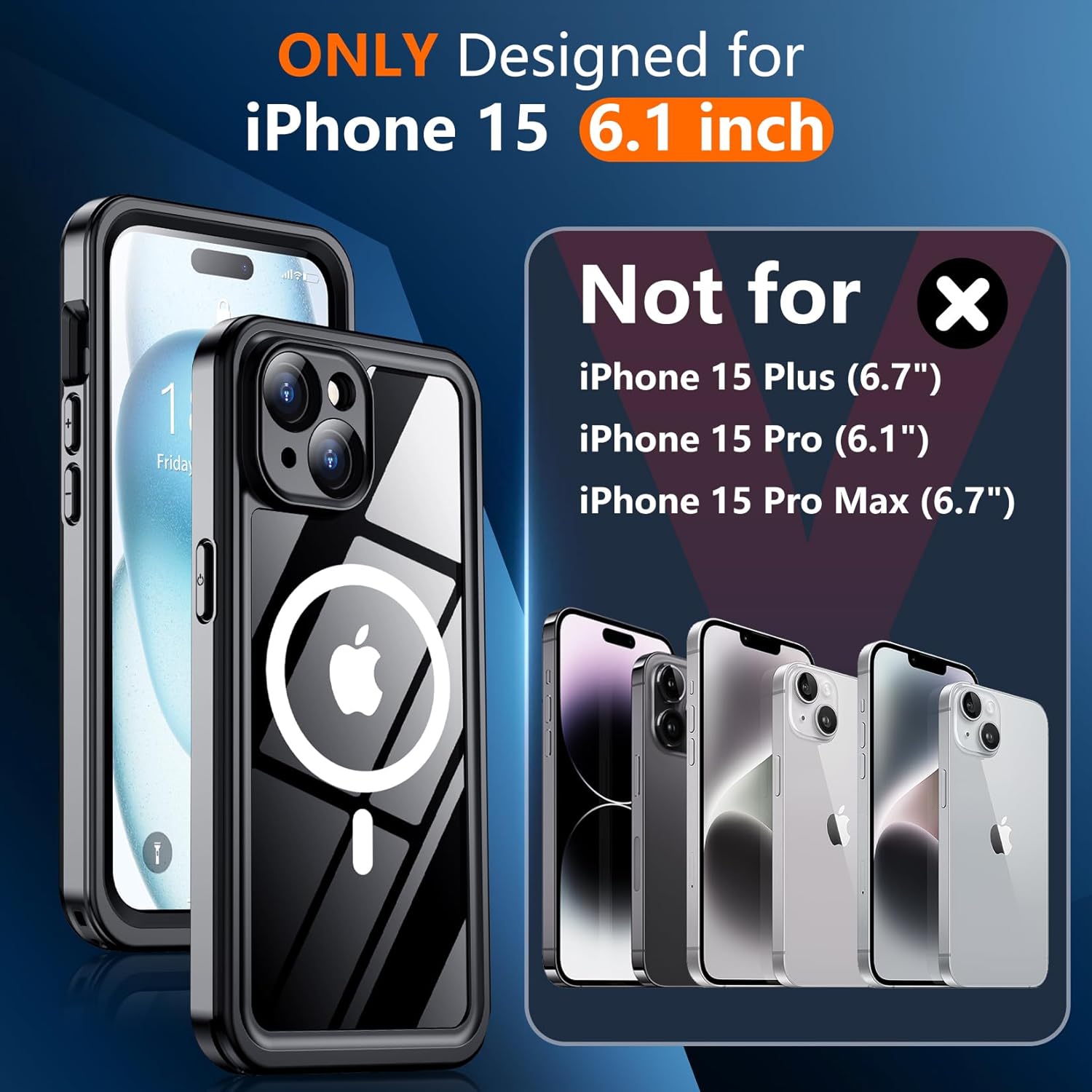Funda magnética para iPhone 15 impermeable, protector de pantalla integrado y protector de cámara de vidrio templado, IP68 bajo el agua, a prueba de