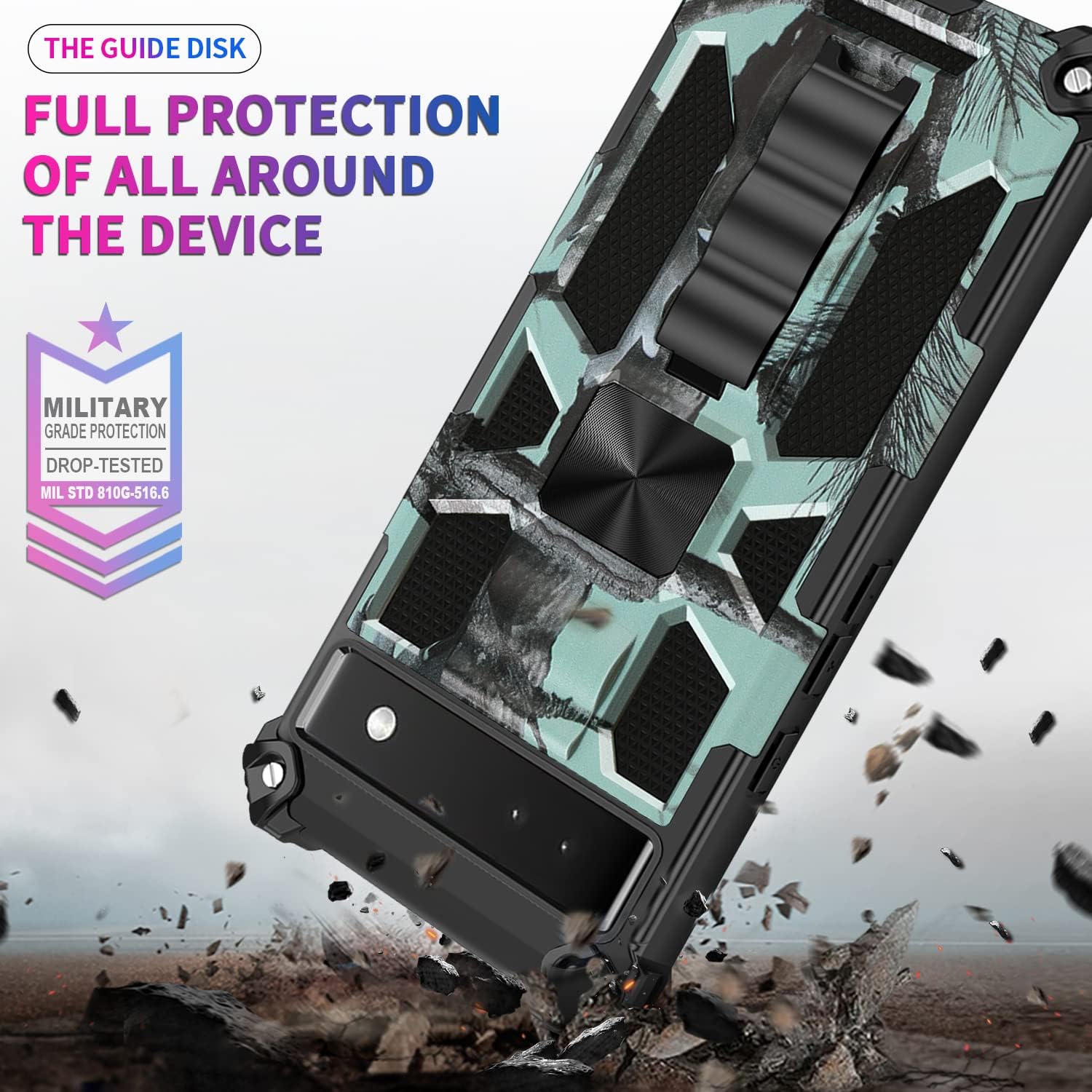 Funda para Pixel 6A (no para 6 o 6P), con protector de pantalla de vidrio templado 9H, grado militar, soporte con soporte magnético para automóvil,
