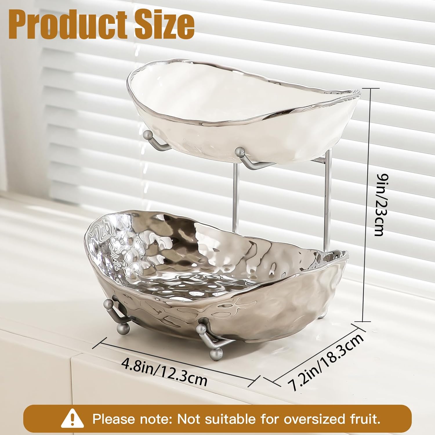 Frutero para encimera de cocina, cuencos de cerámica de 2 niveles con soporte de metal, cesta de frutas escalonada para almacenamiento de frutas y