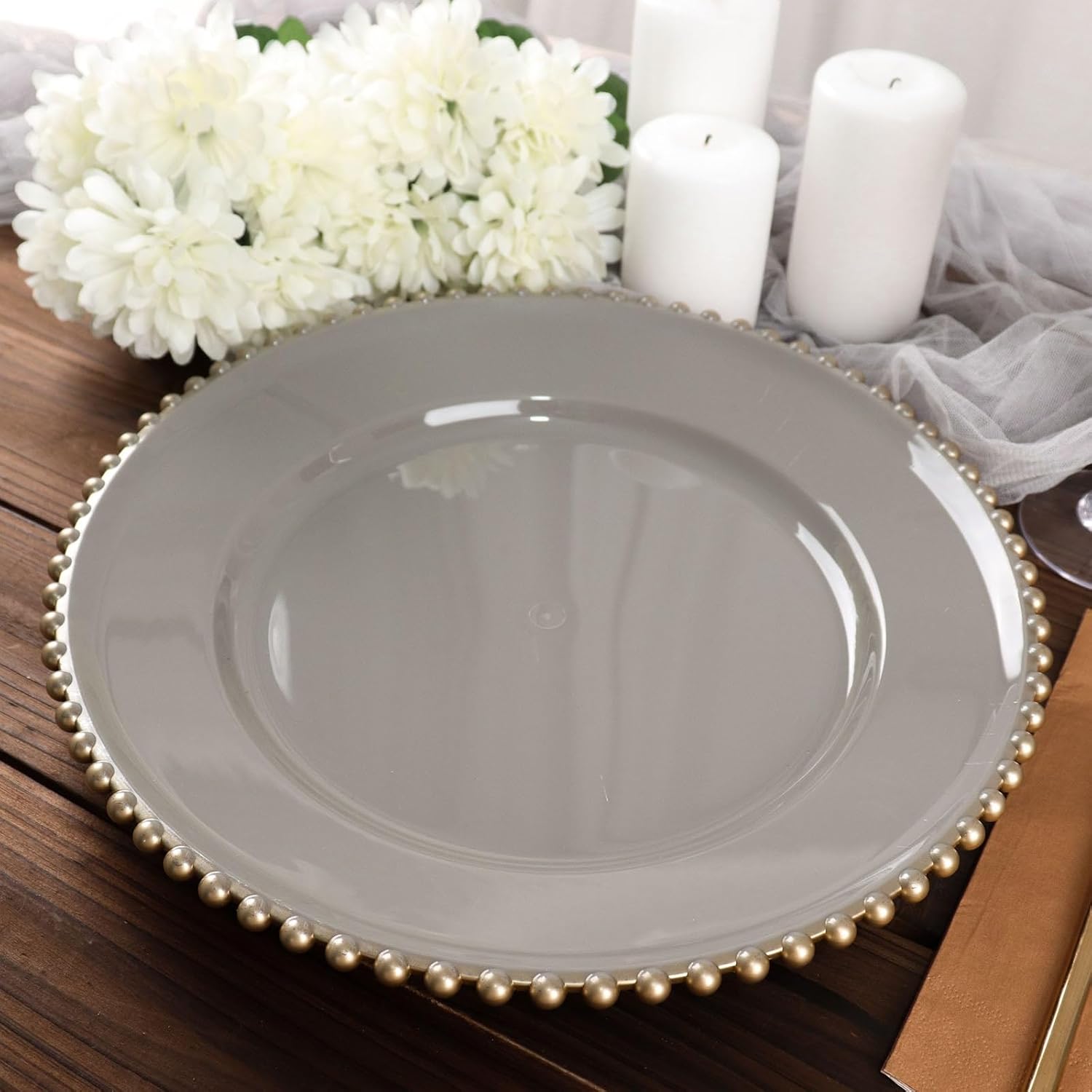 Efavormart – Paquete de 6 platos de carga redondos con borde de cuentas de plástico acrílico gris carbóndorado de 12 pulgadas